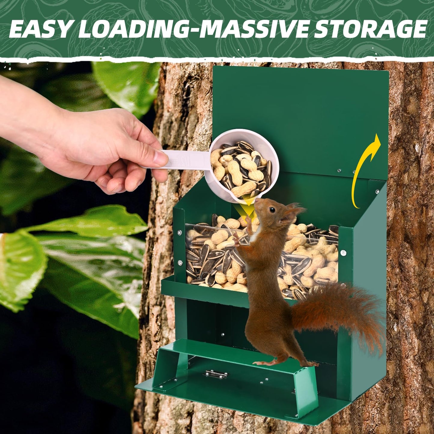 Squirrel Feeders for Outside, Metal Squirrel Feeder with Flip Lid, Large Transparent Bin, Outdoor Hanging Squirrel Feeder for Squirrel, Chipmunks, Wildlife, Great Gift for Mom & Nature Lovers