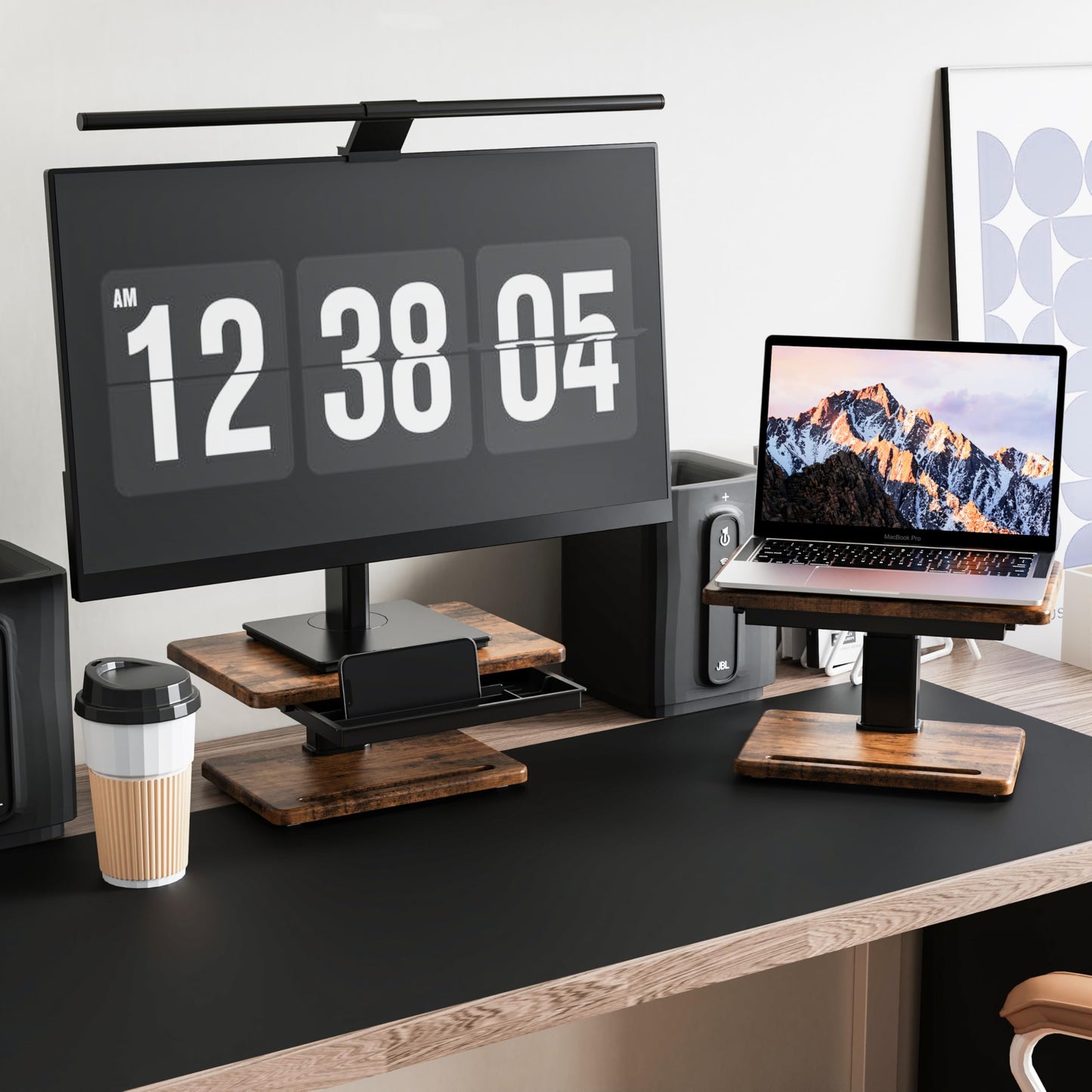 Fydeamer Adjustable Monitor Stand with Storage Drawer - Wooden Monitor Riser for Desk, Ergonomic Computer Stand for Laptop PC, Height Adjustable from 5.9 to 8.07 Inches, Walnut