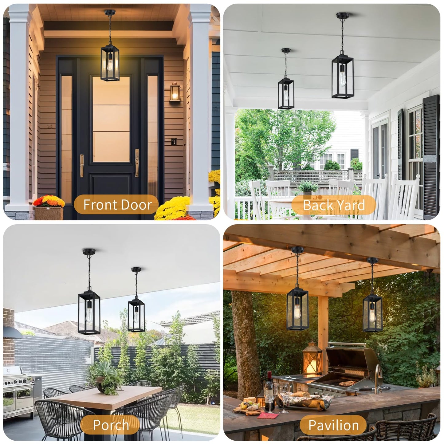 15'' Outdoor Pendant Light, Modern Outside Chandelier Outdoor Hanging Lantern Light, Matte Black with Clear Glass, Exterior Pendant Lighting Fixture for Porch, Yard, Gazebo, 1Pack