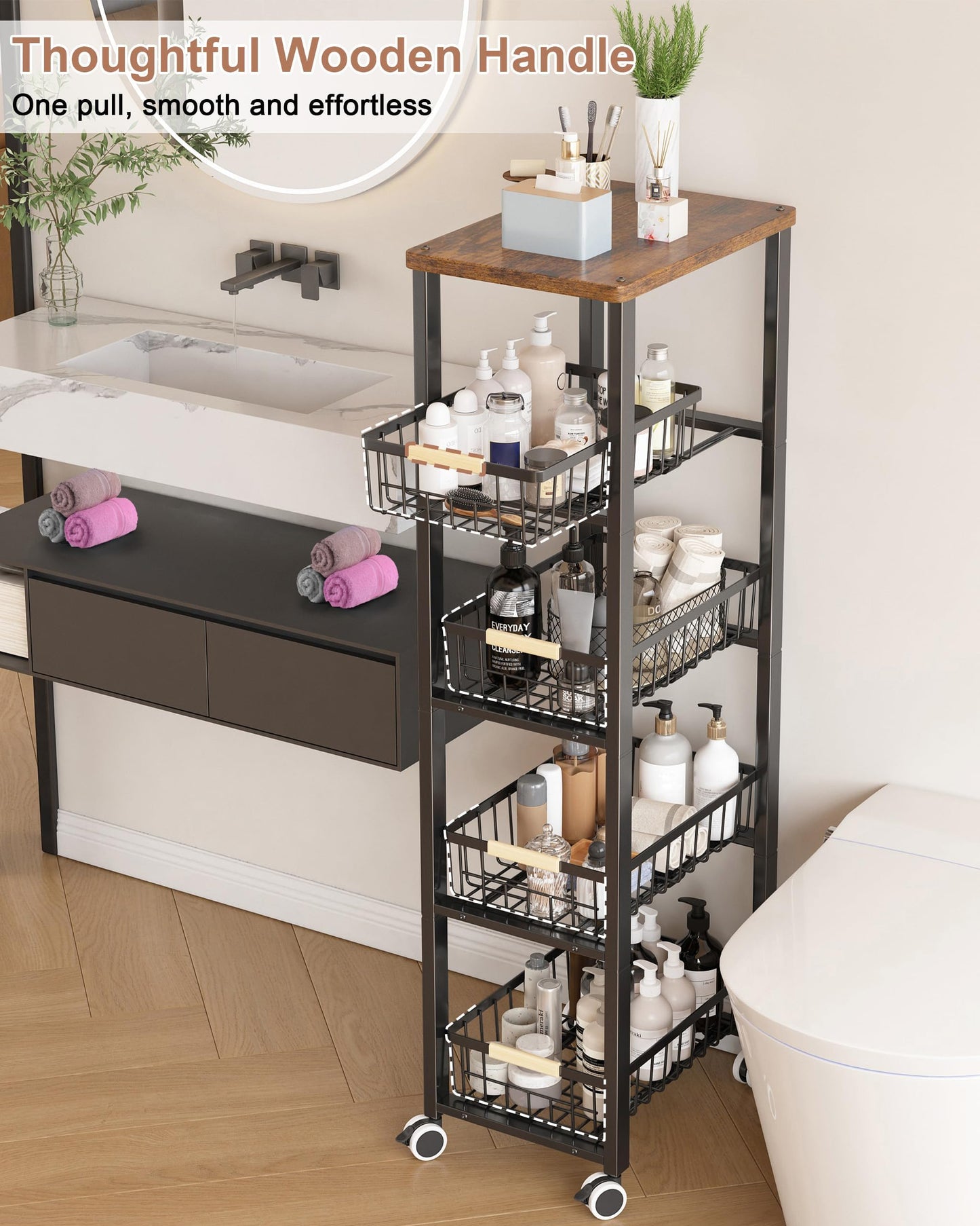 Ornestia 5-Tier Storage Cart,Metal Shelving Units Storage Slide Out,Kitchen Tall Storage Trolley with Wheels Wooden Top(40cm*30cm*107cm -Black)