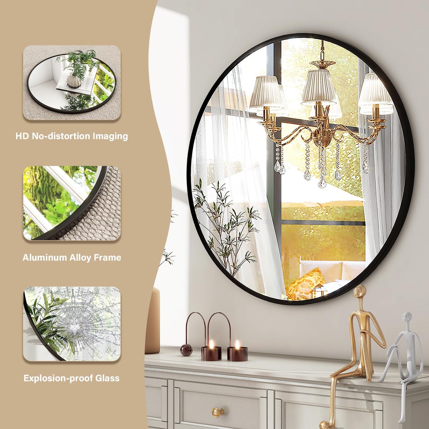 HARRITPURE Round Bathroom Mirror - 20" Black Circle Wall Mirror Aluminum Alloy Frame Hanging Modern Decoration for Vanity, Bedroom, Entryway