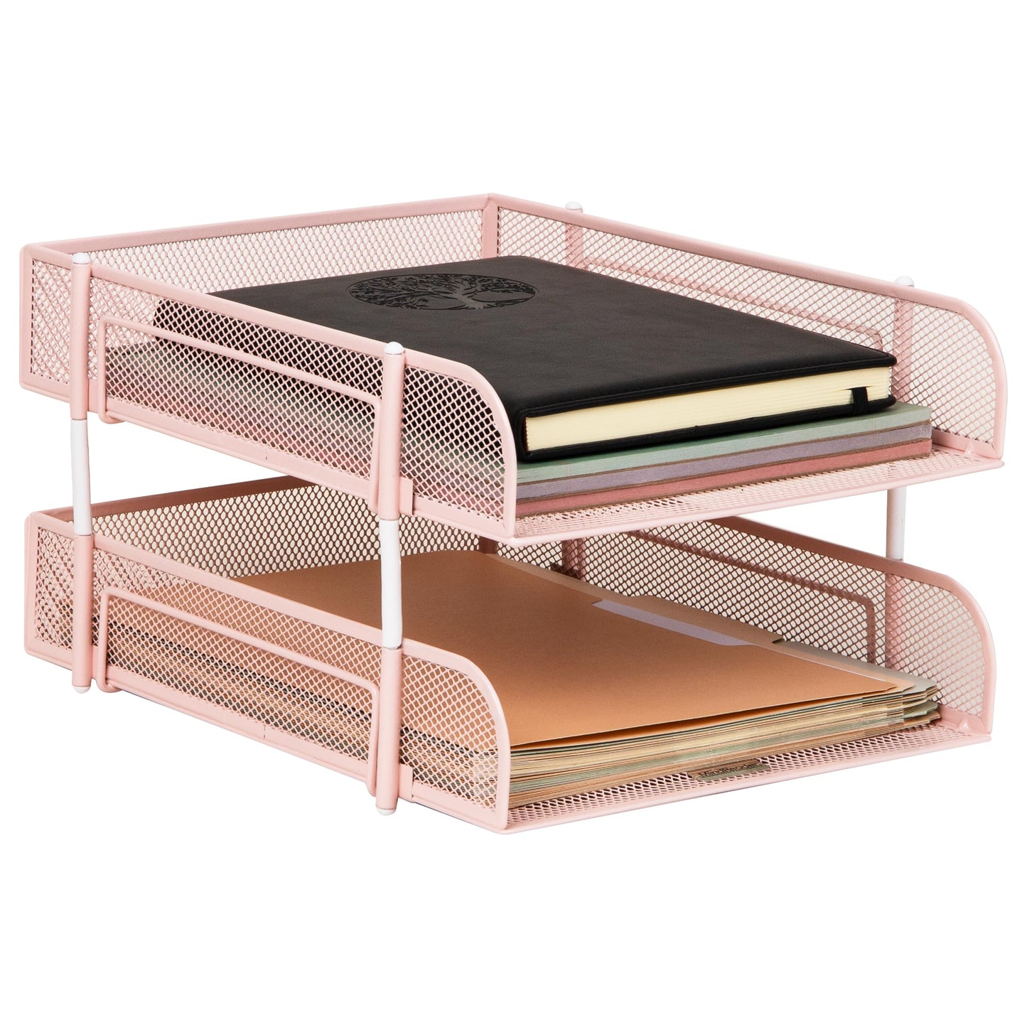 Mind Reader 2-Piece Stackable Metal Mesh Letter Tray, Desktop File Organizer, Document Holder, Magazine Storage, Pink