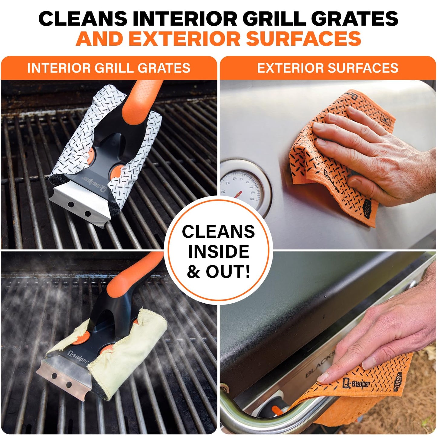 Q-Swiper XL Complete Grill Cleaner Kit - Hot + Cold + Exterior Grill Cleaning. Includes 1 Long Grill Brush, 2 Steam Clean Cloths, 40 Moist Grill Wipes, 1 Exterior Reusable Cloth and 1 Tray.
