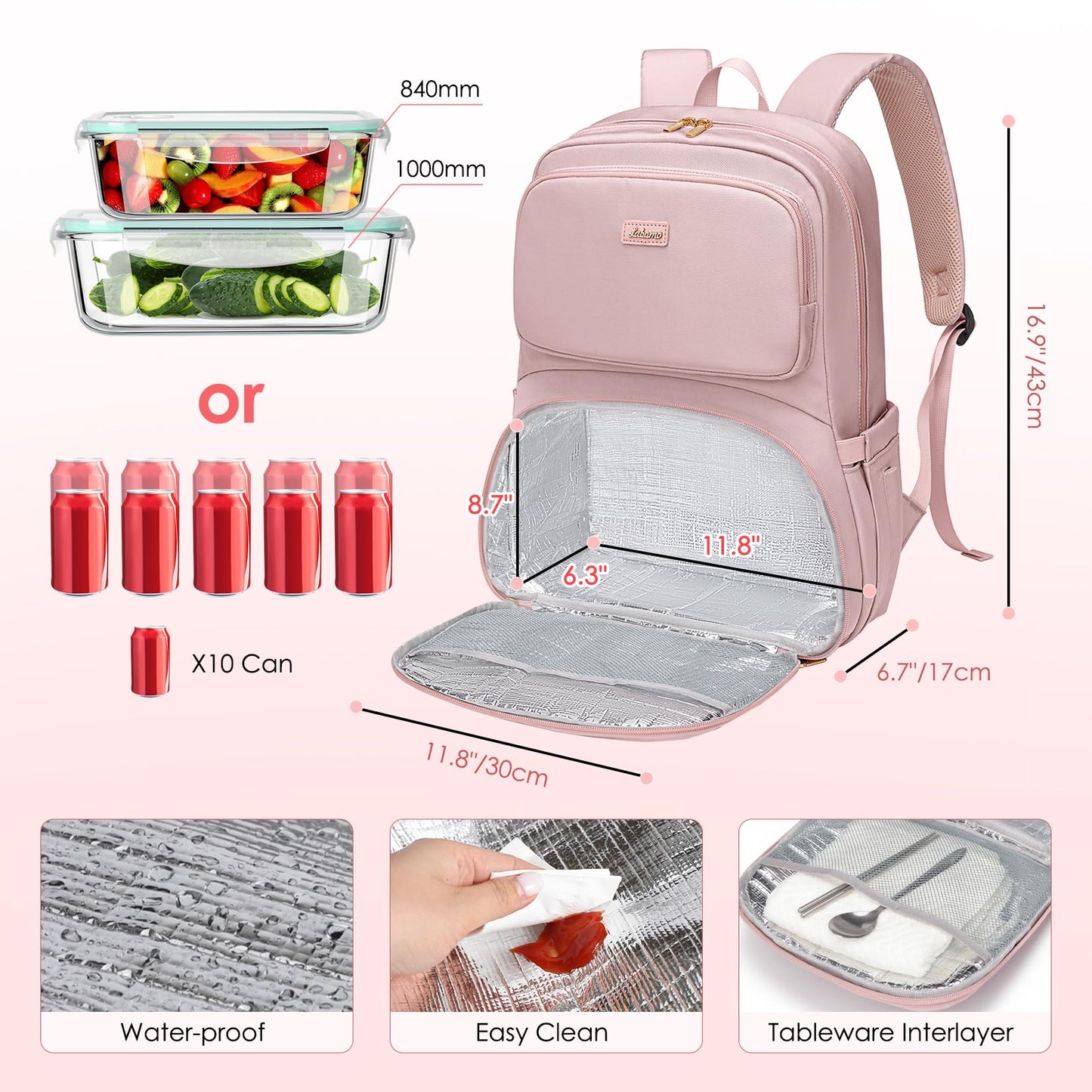 LABOMO Lunch Backpack for Women Men, 16 Inch Laptop Backpack with Lunch Compartment, Water Resistant Lunchbox Back Pack Meal Prep Cooler Bags Insulated for Nurse Work Teacher Travel