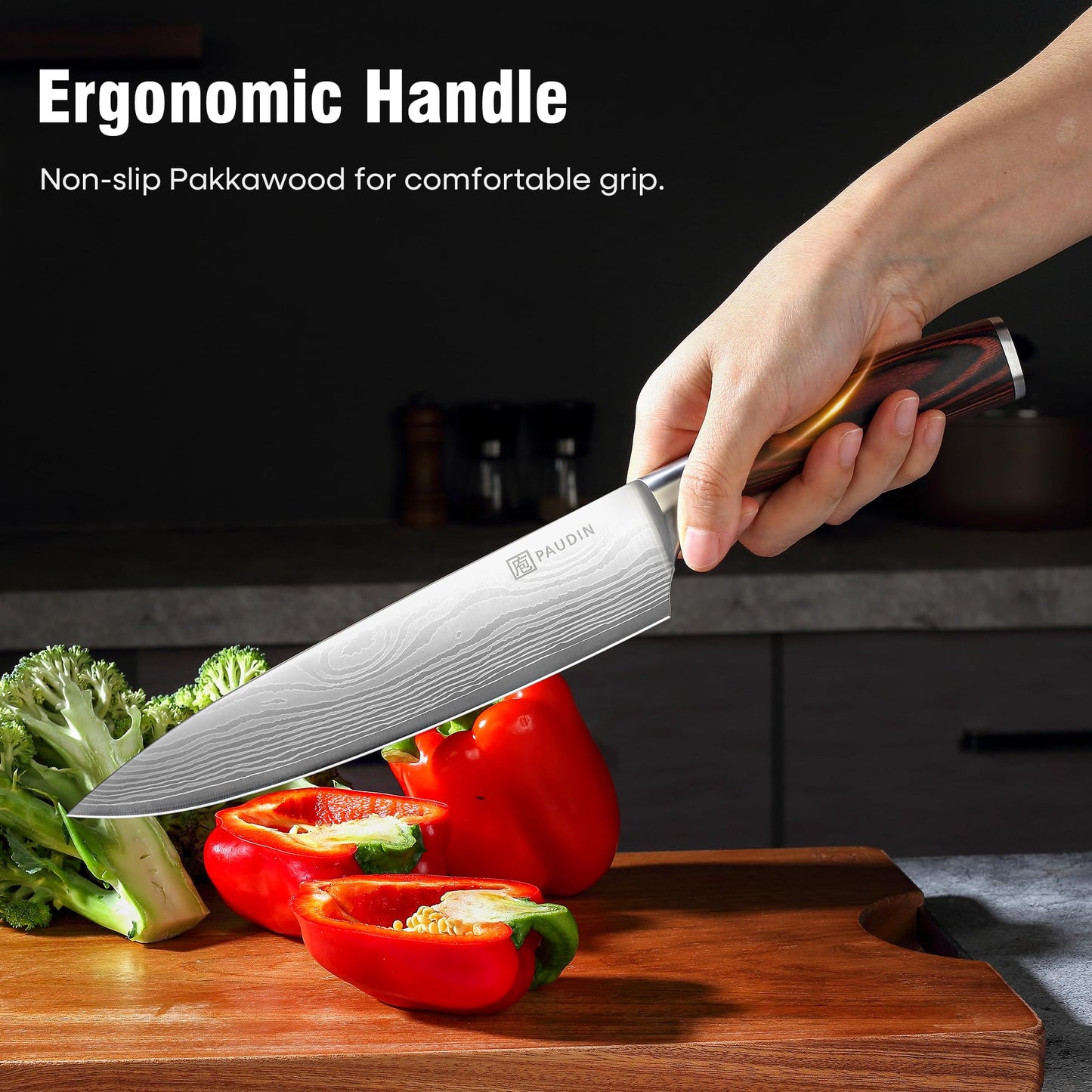 PAUDIN Kitchen Knife Set, Professional Knives Set, Chef Knife Set with Sharp High Carbon Stainless Steel Blade and Pakkawood Handle, Japanese Knife Set with Gift Box (3 PCS Knife Set)