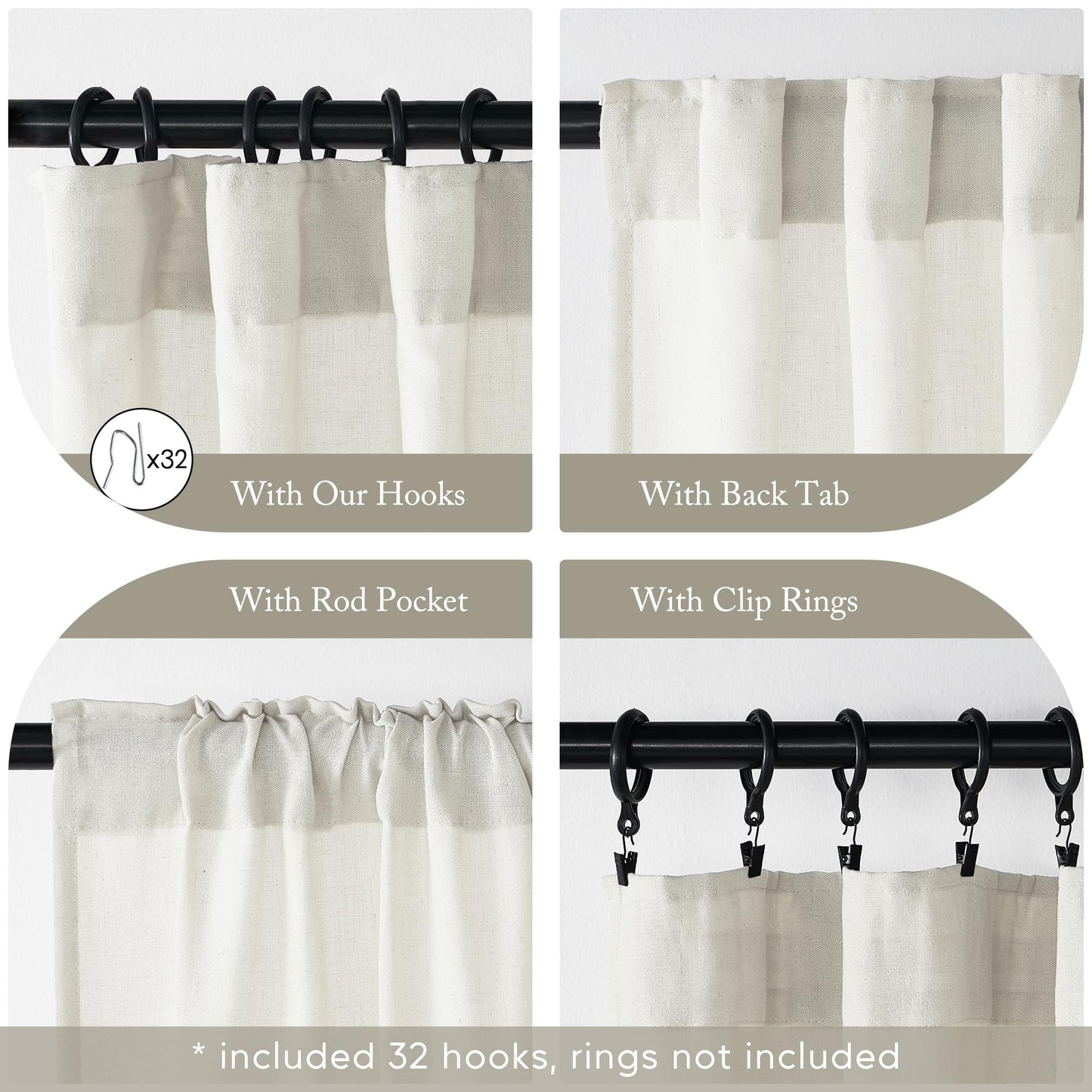 108 Inch Linen Curtains 2 Panels, with Heading Tape Hooks for Track System, Back Tab Extra Long Sheer Curtains for Living Room Bedroom, 9FT, Cream Ivory