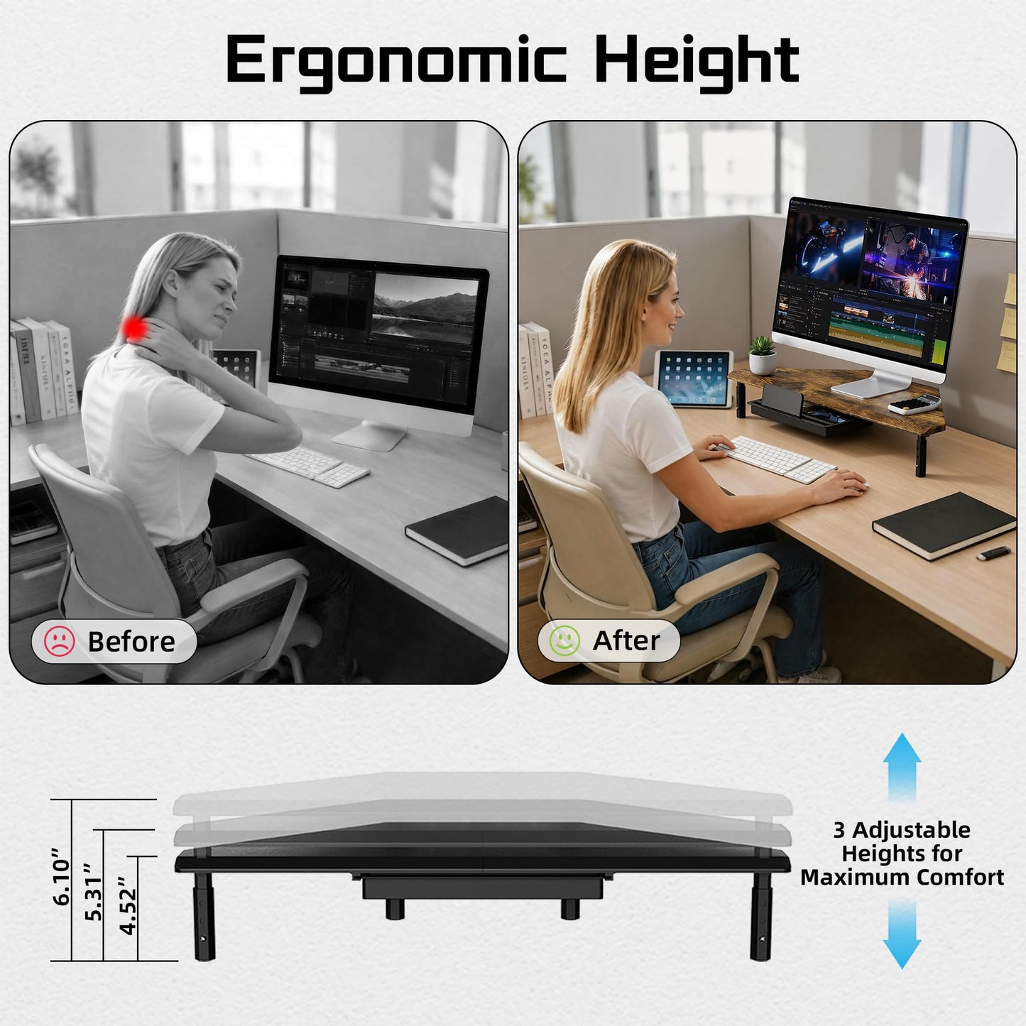 ETHU Triangle Monitor Stand Riser with Drawer - Adjustable Height Corner Riser for PC/Laptop, Ergonomic Desktop Computer Stand, Supports 44.09 LBS, Walnut