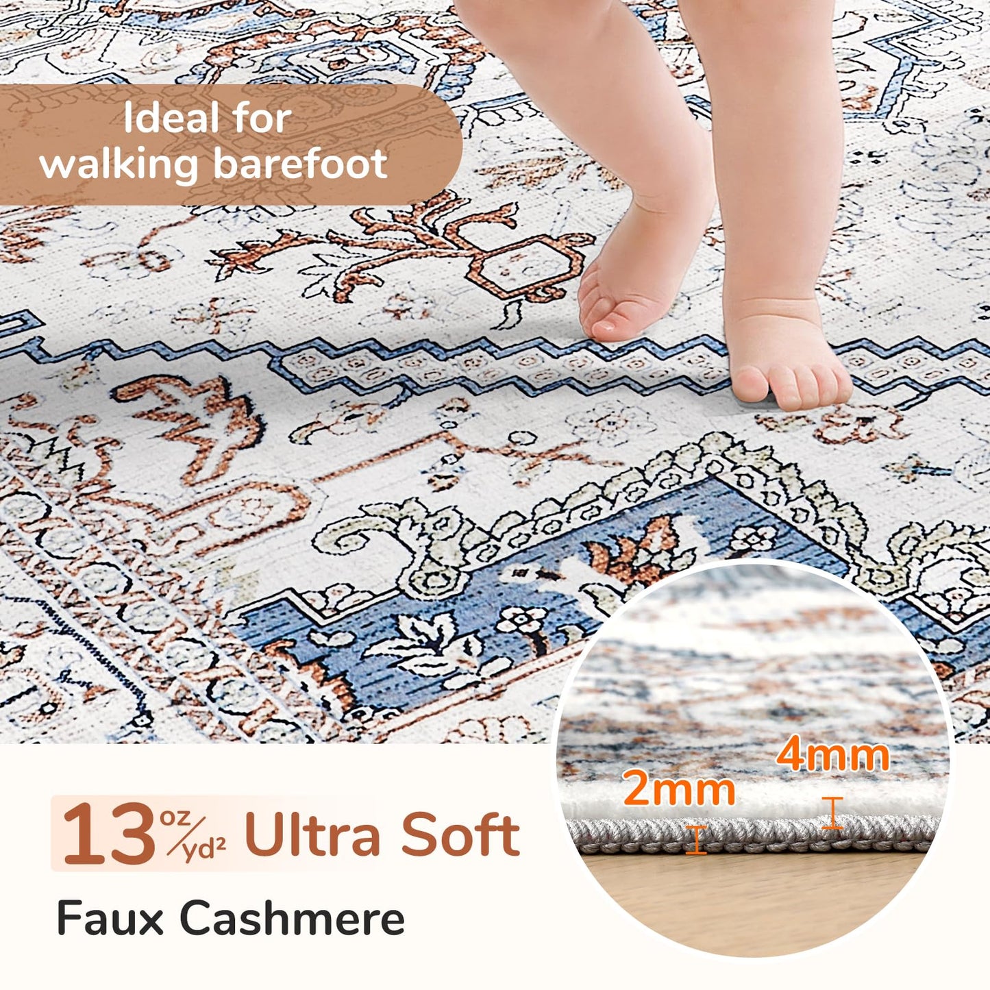 OPPODREAM Soft Neutral Area Rug 5x7, 5x7 Rugs for Living Room, Washable Rugs for Bedroom with Non Slip Backing, Faux Cashmere Low-Pile 5 x 7 Carpet, Grey & Blue & Cream