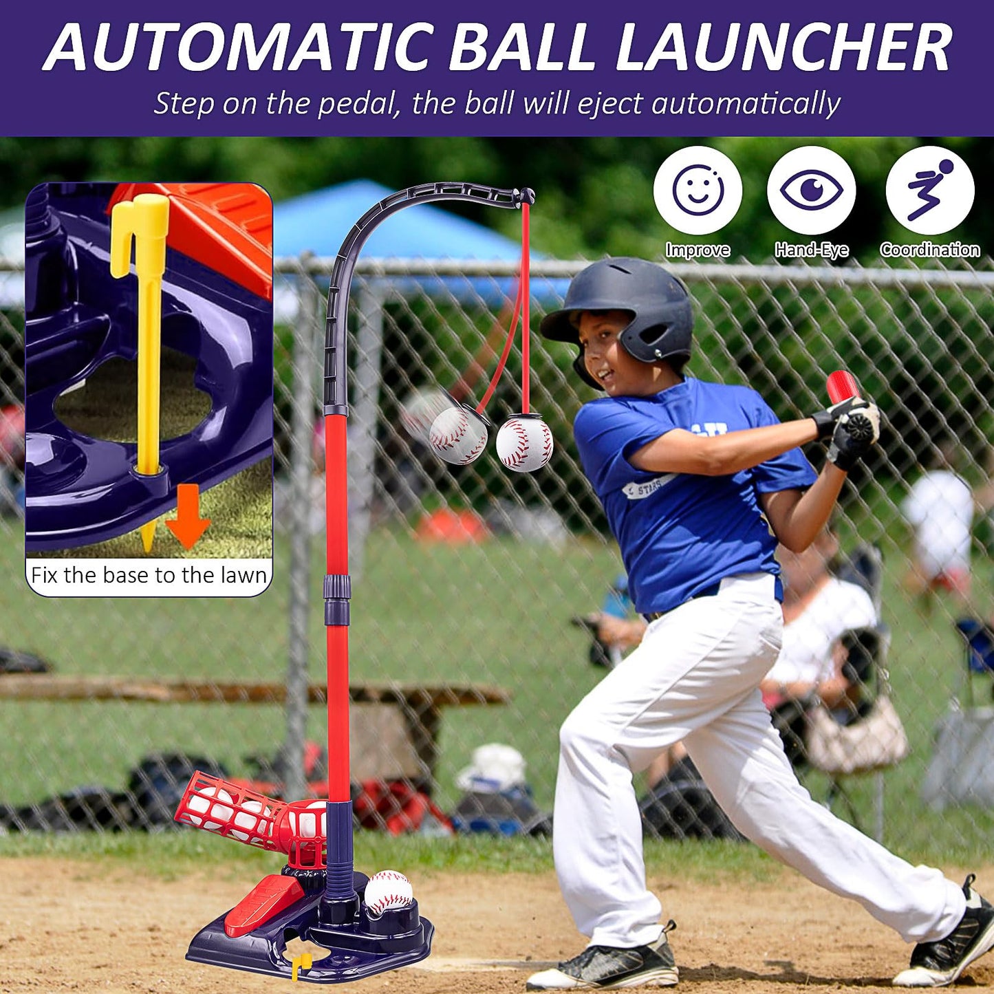 3-in-1 Tee Ball Set, Height Adjustable Baseball Set with Pitching Machine, T Ball Stand, Hanging Tee, Retractable Bat, Softballs, Indoor Outdoor Sport Games Gift Toys