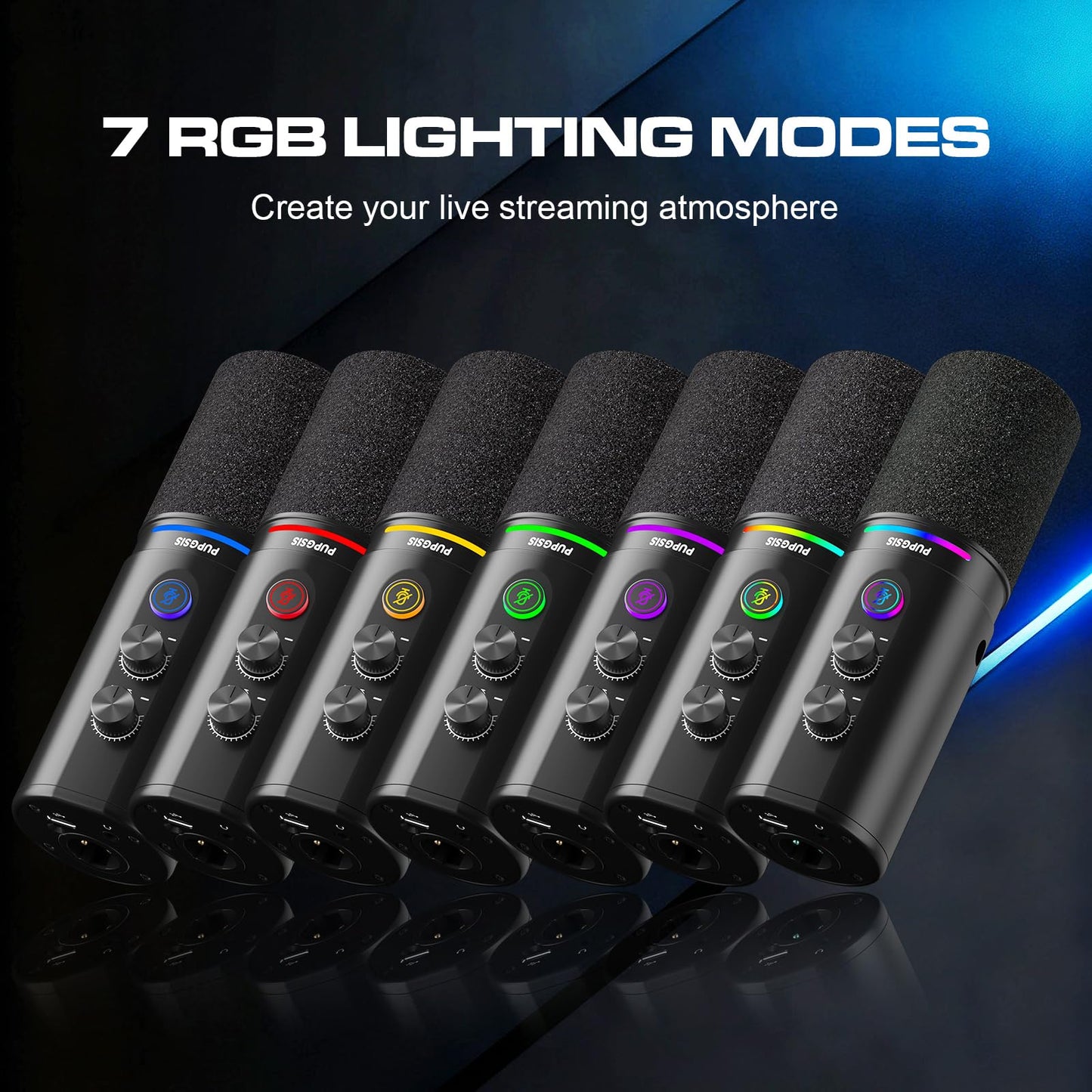 PUPGSIS USB/XLR Dynamic Microphone, 24Bit/96kHz Studio Recording, Gaming Mic with RGB, Mute, Noise Cancellation & Headphone Jack for PC, Podcast, Streaming, Singing (Black)