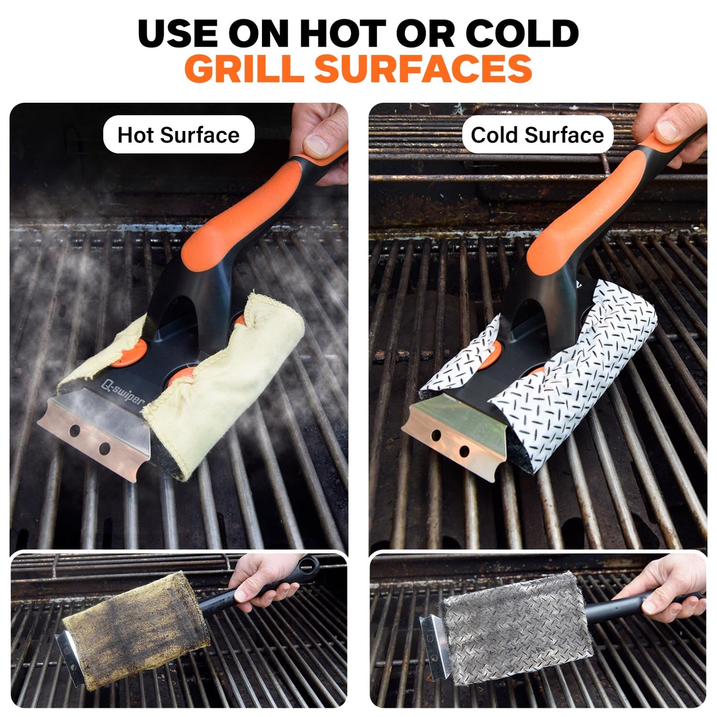 Q-Swiper XL Complete Grill Cleaner Kit - Hot + Cold + Exterior Grill Cleaning. Includes 1 Long Grill Brush, 2 Steam Clean Cloths, 40 Moist Grill Wipes, 1 Exterior Reusable Cloth and 1 Tray.