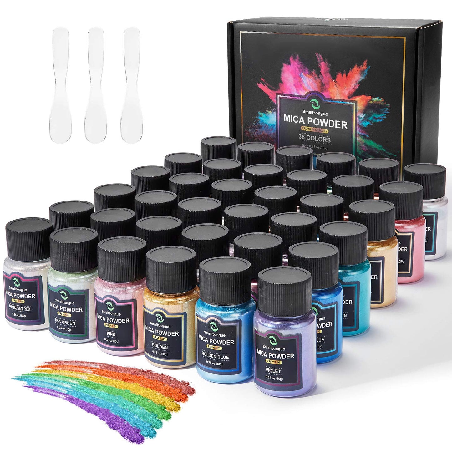 Smalltongue Mica Powder for Epoxy Resin, 36 Colors, 0.35 oz(10g) Bottles Mica Glitter Powder, Mica Pigment Powder for, Soap Making, Bath Bomb, Art Crafts, Resin Dye, Nails