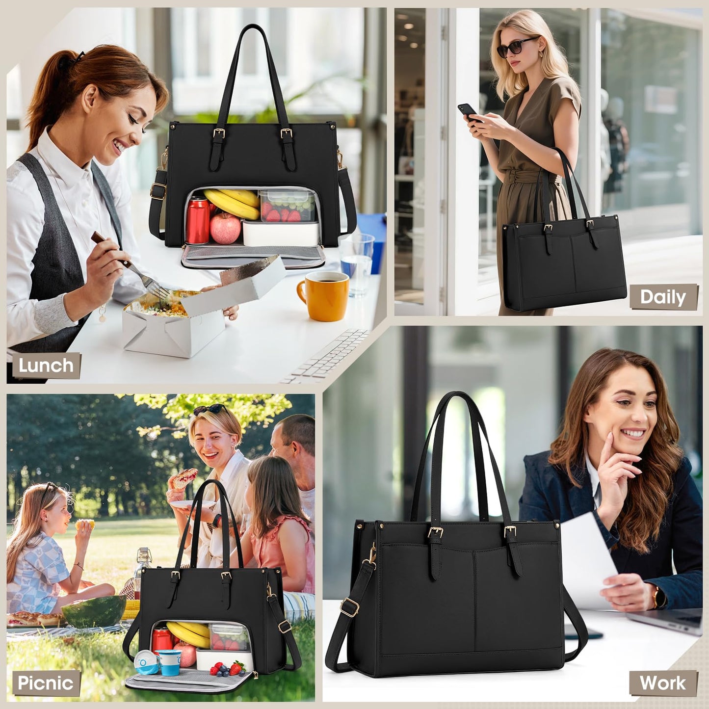 RAINSMORE Laptop Bags for Women Insulated Lunch Compartment Tote Bags for Women 15.6 Inch Work Bag Women Waterproof PU Leather Work Tote Bags for Women Business Daily Camping Laptop Tote Bag Black