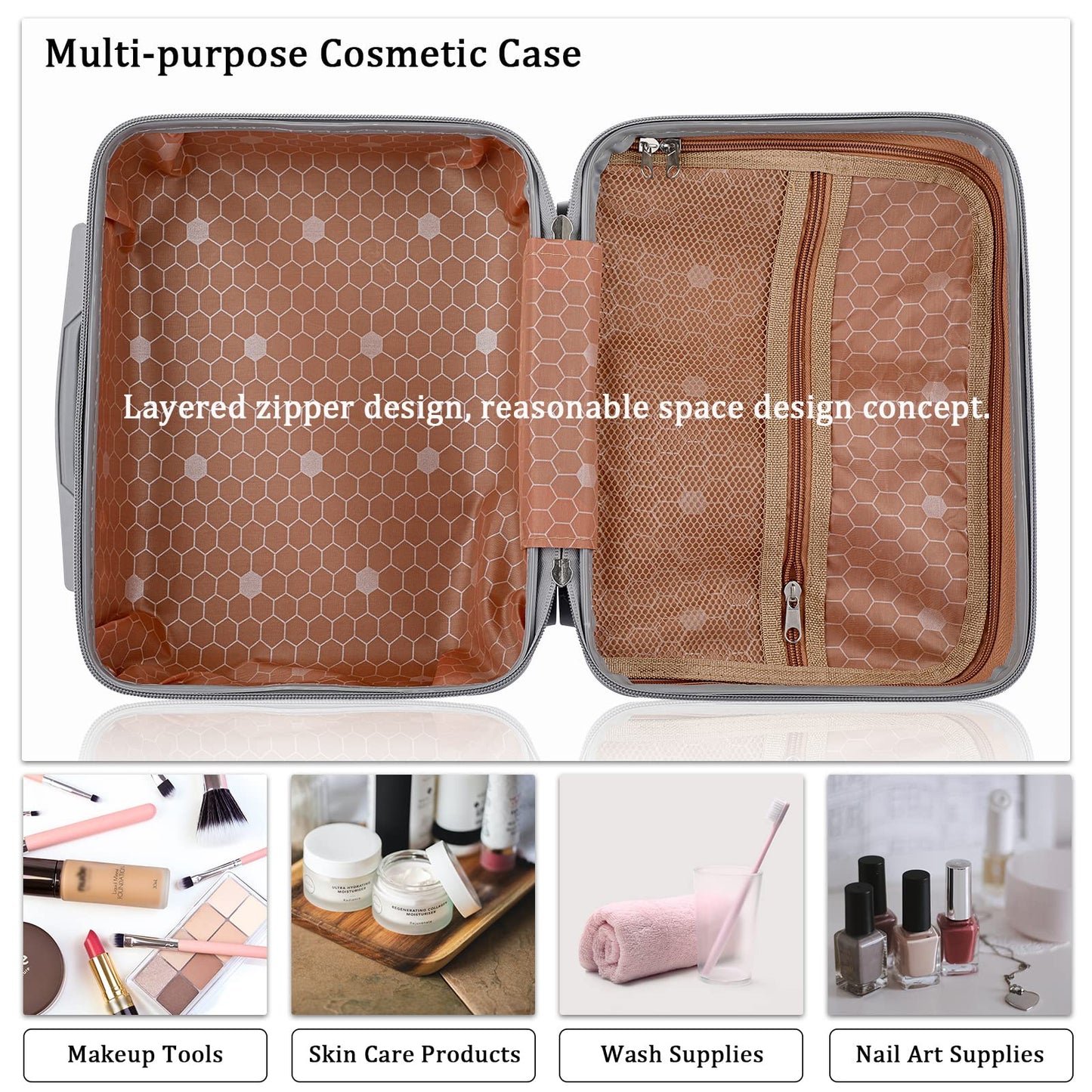 BSTKEY Portable Hard Shell Cosmetic Travel Case, Small Travel Hand Luggage with Elastic Band, Mini ABS Carrying Makeup Case Suitcase, Silver, Fashion