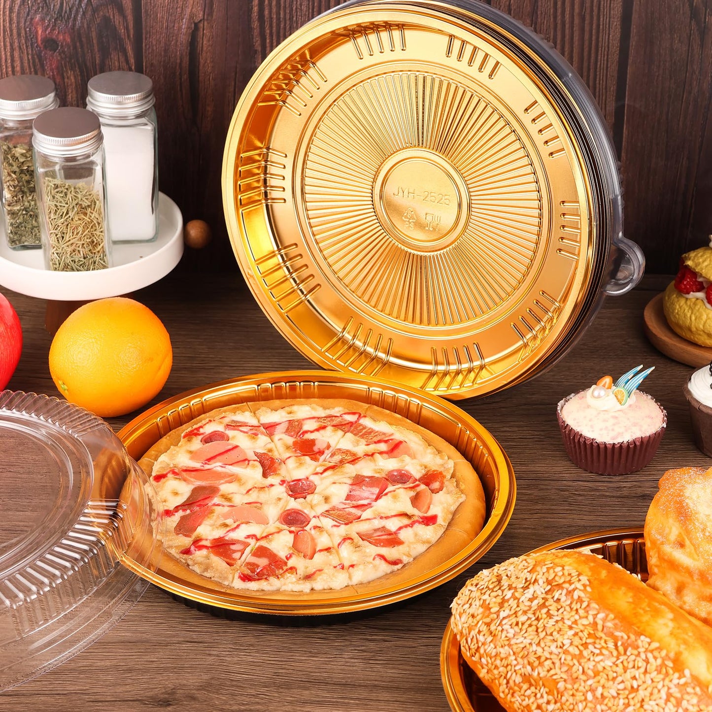 Yoiemivy 24 Pack Disposable Pie Carrier with Clear Lid, 9'' Plastic Serving Tray Round Pie Platters Pizza Container for Pies Salad Meal Prep