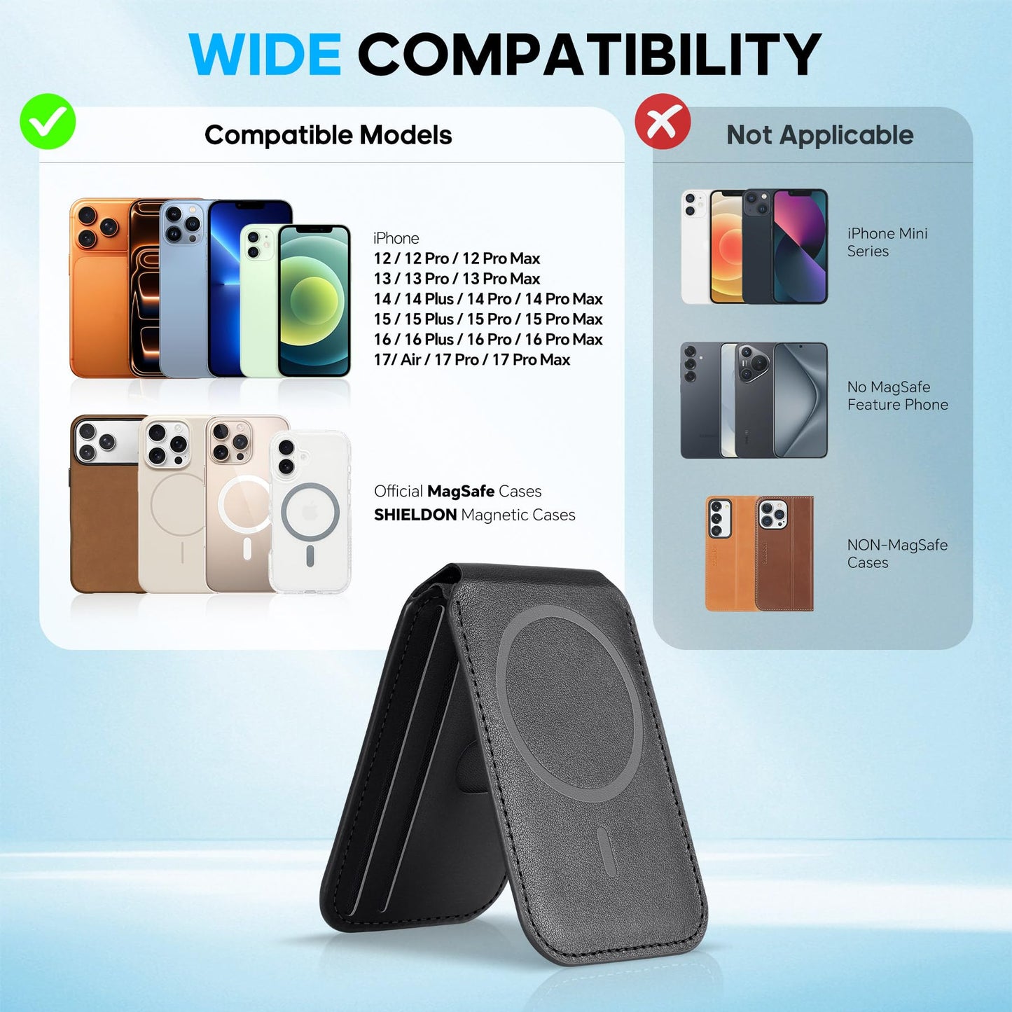 SHIELDON Genuine Leather Wallet Stand, Strong Magnetic Phone Wallet, Angle Adjustment, 6 Card Holders, RFID Blocking, Compatible with iPhone 17 Pro/Max/Plus, 16/15/14/13/12 - Nappa Black