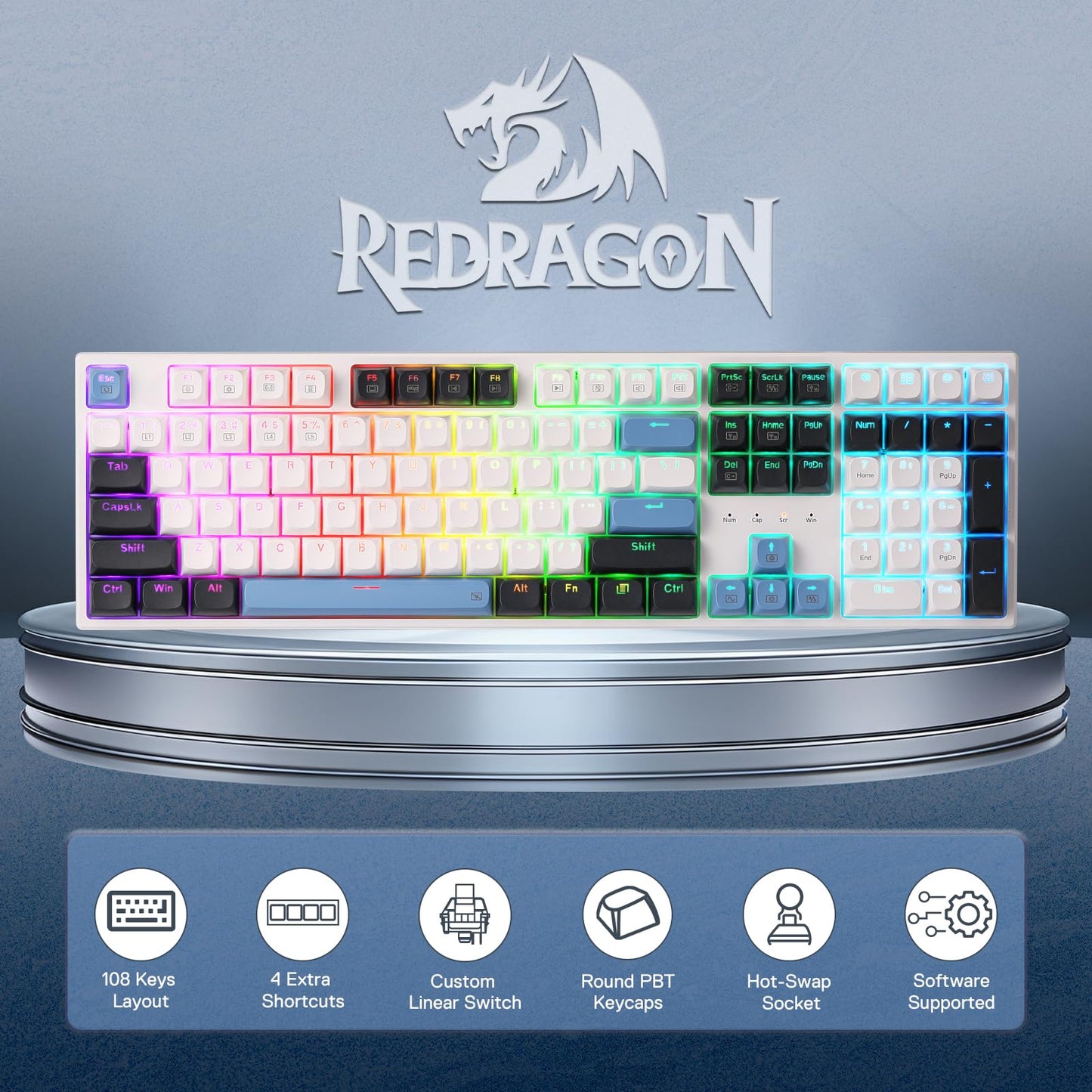 Redragon K668 Wired Gasket RGB Gaming Keyboard, 108 Keys Mechanical Keyboard w/Extra 4 Hotkeys, Upgraded Hot-swappable Socket, Sound Absorbing Foam, Mixed Color Keycaps, Custom Linear Switch