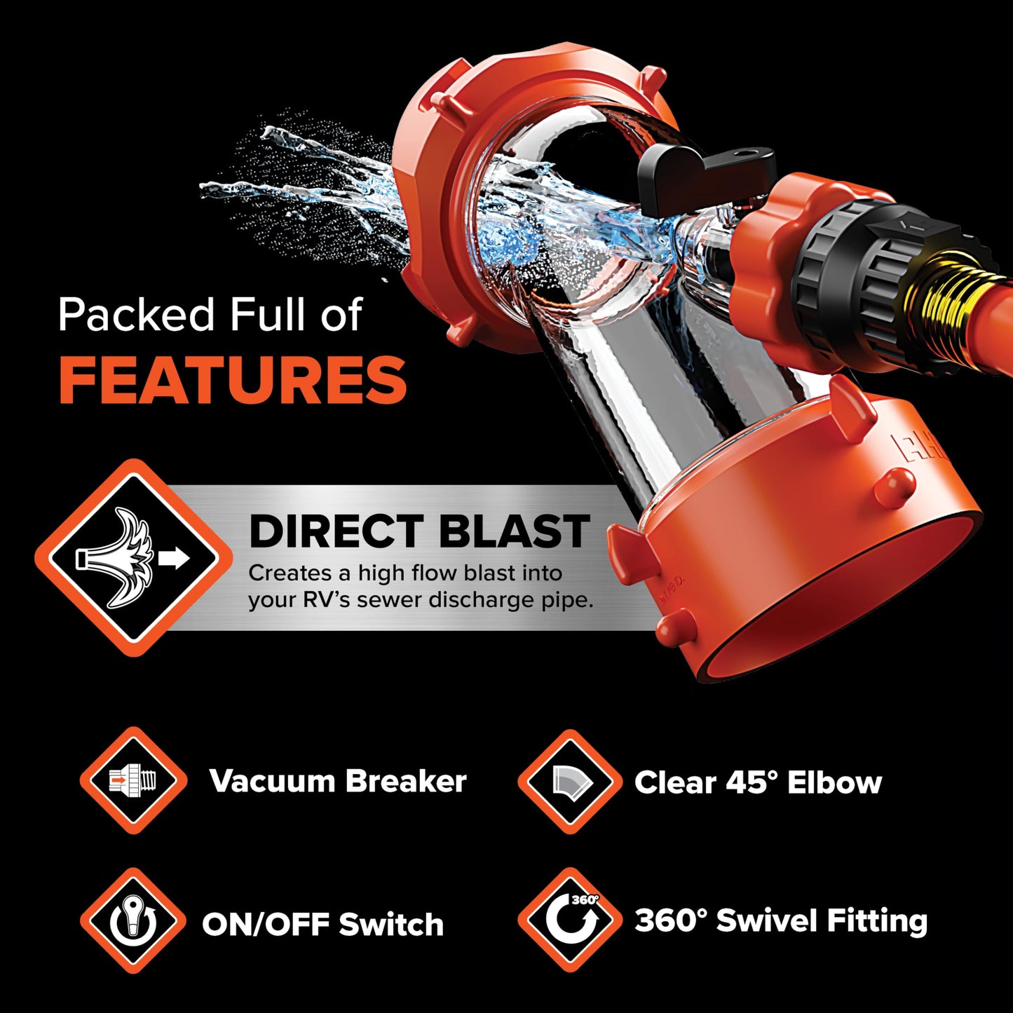 Camco Rhino Blaster — Camper Holding Tank and RV Portable Waste Tank Rinser — Provides Thorough RV Tank Cleaning — Features a Backflow Preventer & 45-Degree Clear Elbow Adapter (39080)