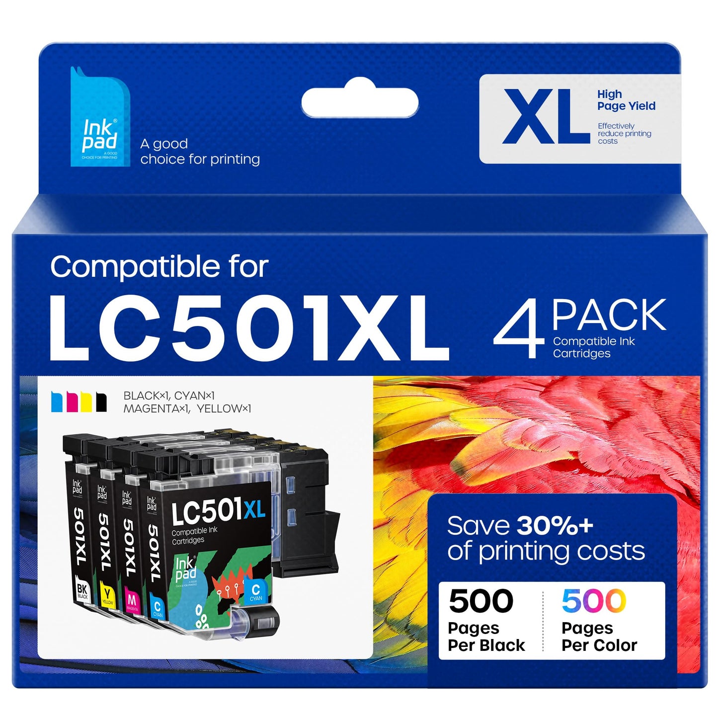 Compatible with LC501XL High Yield Ink Cartridges Compatible for Brother LC501 XL Work for Brother MFC-J1360DW, MFC-J1410DW, MFC-J1260DW Printer (4 Pack, Black Cyan Magenta Yellow)