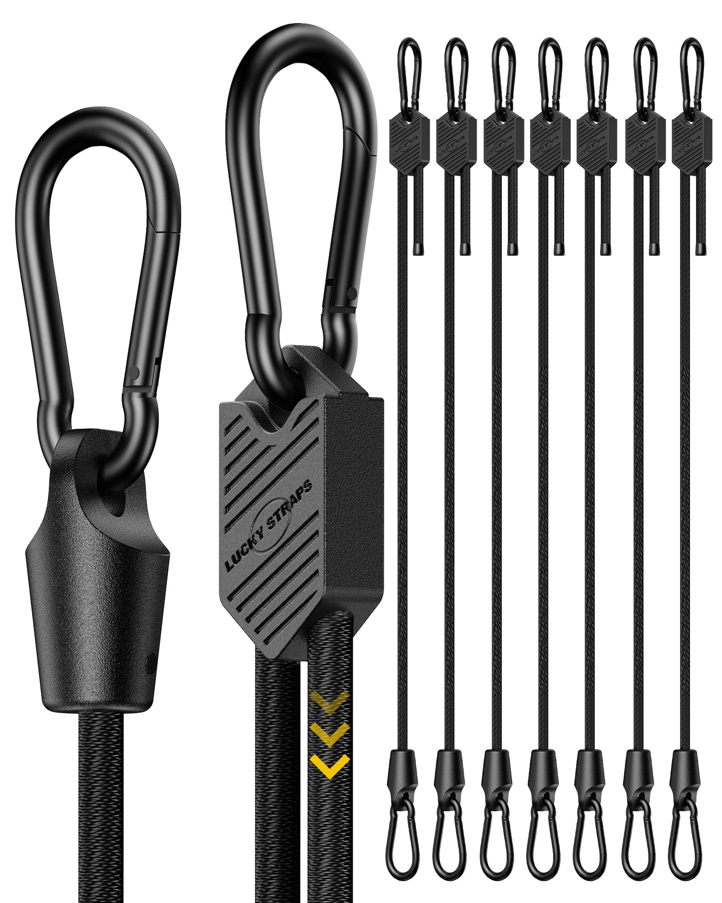 12 Inch Adjustable Carabiner Bungee Cords with Hooks, Easy to Adjust from 7" to 12", Black Bungee Straps with UV-Resistance & Superior Elasticity for Cargo, Bike, Luggage, Carts, Truck, etc (6 Pcs)
