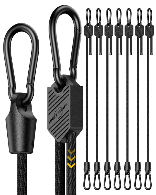 12 Inch Adjustable Carabiner Bungee Cords with Hooks, Easy to Adjust from 7" to 12", Black Bungee Straps with UV-Resistance & Superior Elasticity for Cargo, Bike, Luggage, Carts, Truck, etc (6 Pcs)