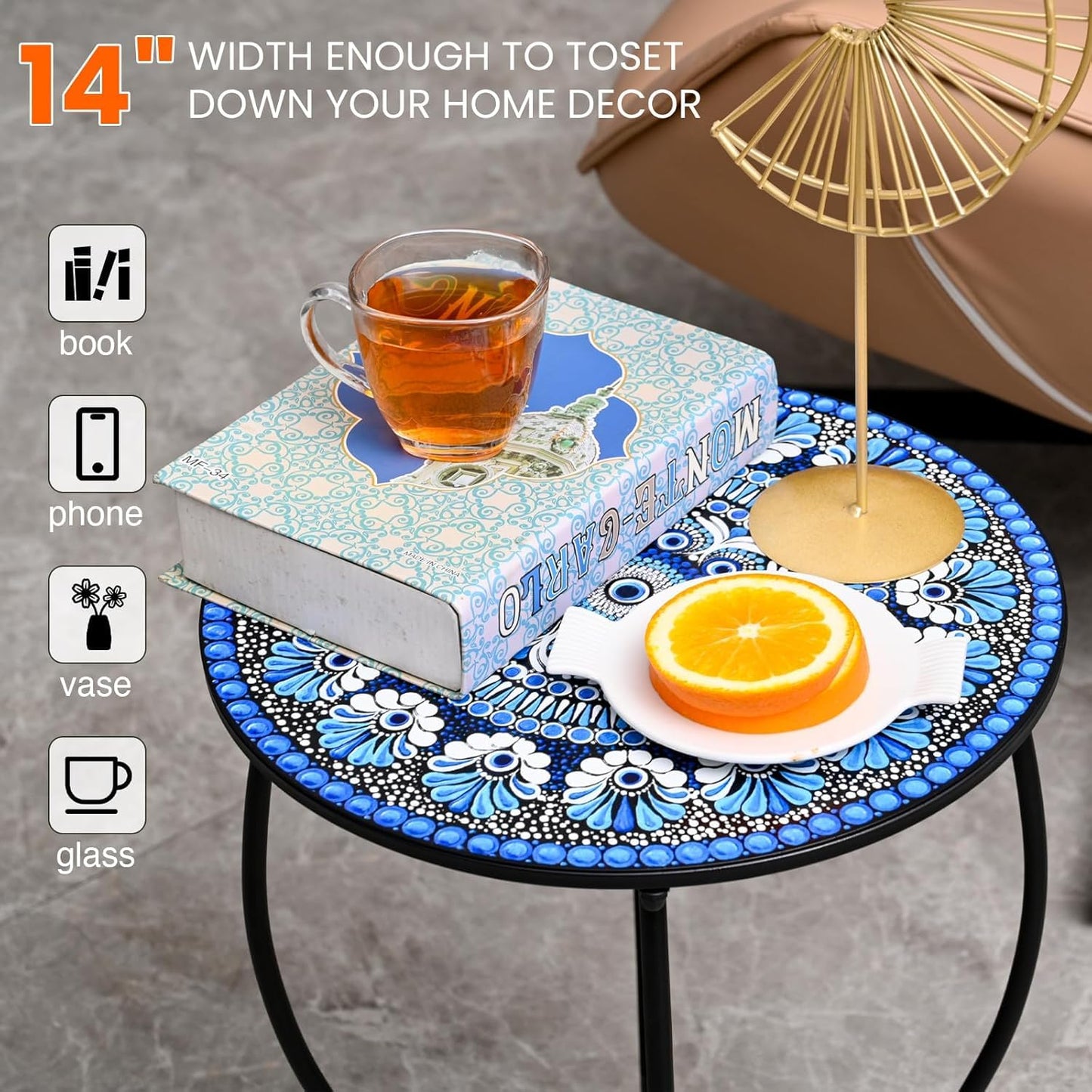 17" Tall Patio Side Table, 14 Inch Round Side Table, Weather Resistant Anti-Rust Metal Indoor Outdoor Side Table for Patio Yard Porch Balcony Garden Bedside, Dark Blue