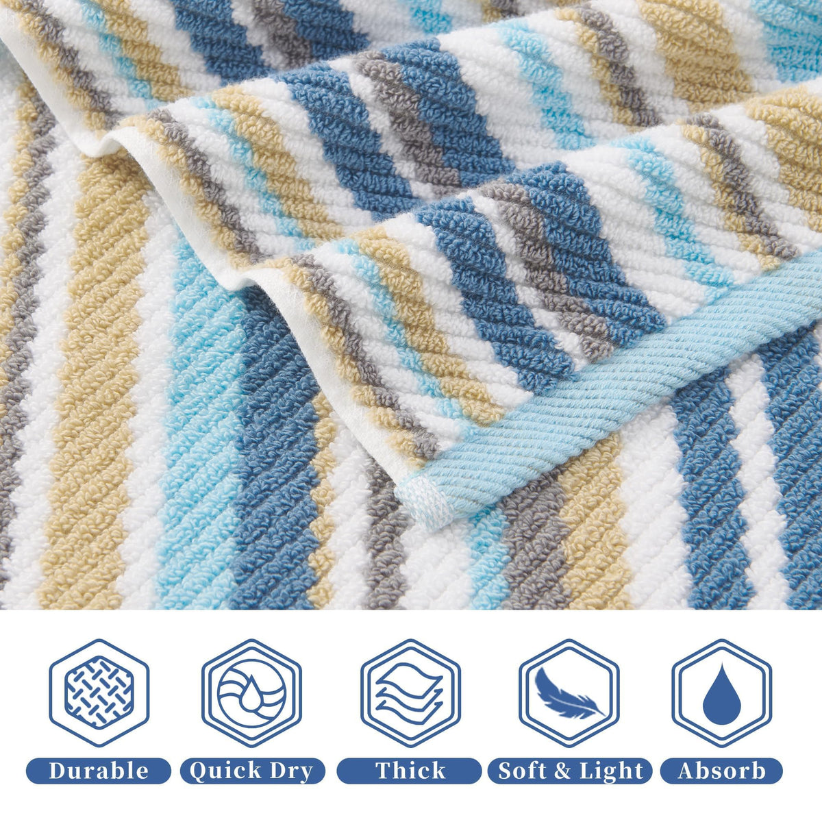 Striped Hand Towels Set (4PC, 16"x27") - 100% Cotton | Quick Dry | Soft | Absorbent, Light Weight Hand Towels for Showering & Bathroom, Luxury Towel Set for Guest, Blue + Gray + Beige Stripes