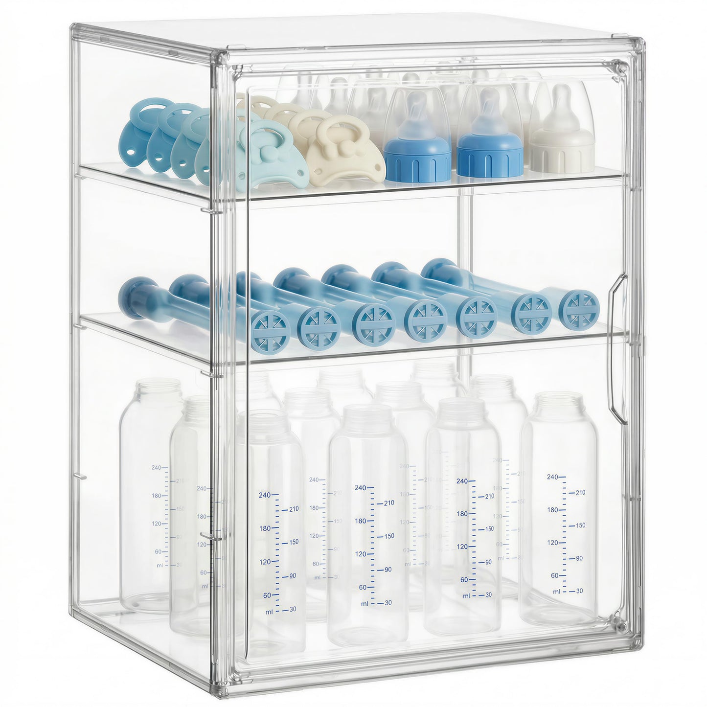 HBlife Baby Bottle Storage Organizer for Countertop Cabinet, 3 Tiers Adjustable Clear Acrylic Bottles Storage Station Case Box Container with 2 Removable Dividers and Magnetic Door, Large