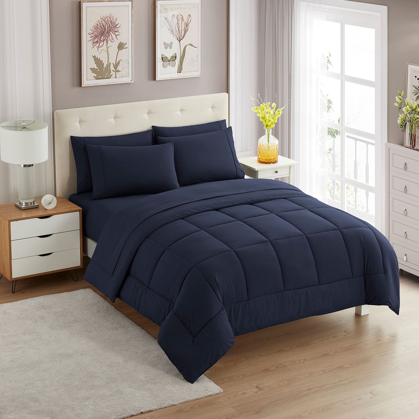 Sweet Home Collection 7 Piece Comforter Set Bag Solid Color All Season Soft Down Alternative Blanket & Luxurious Microfiber Bed Sheets, Navy, Full
