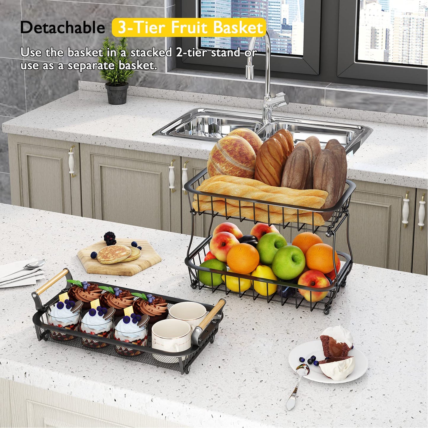 ANTOPY 3 Tier Fruit Basket with 2 Banana Hangers, Countertop Vegetable Bowl for Kitchen Counter Metal Mesh Fruits Stand Produce Holder Organizer Onion Potato Bread Snack Veggie, Black BP209