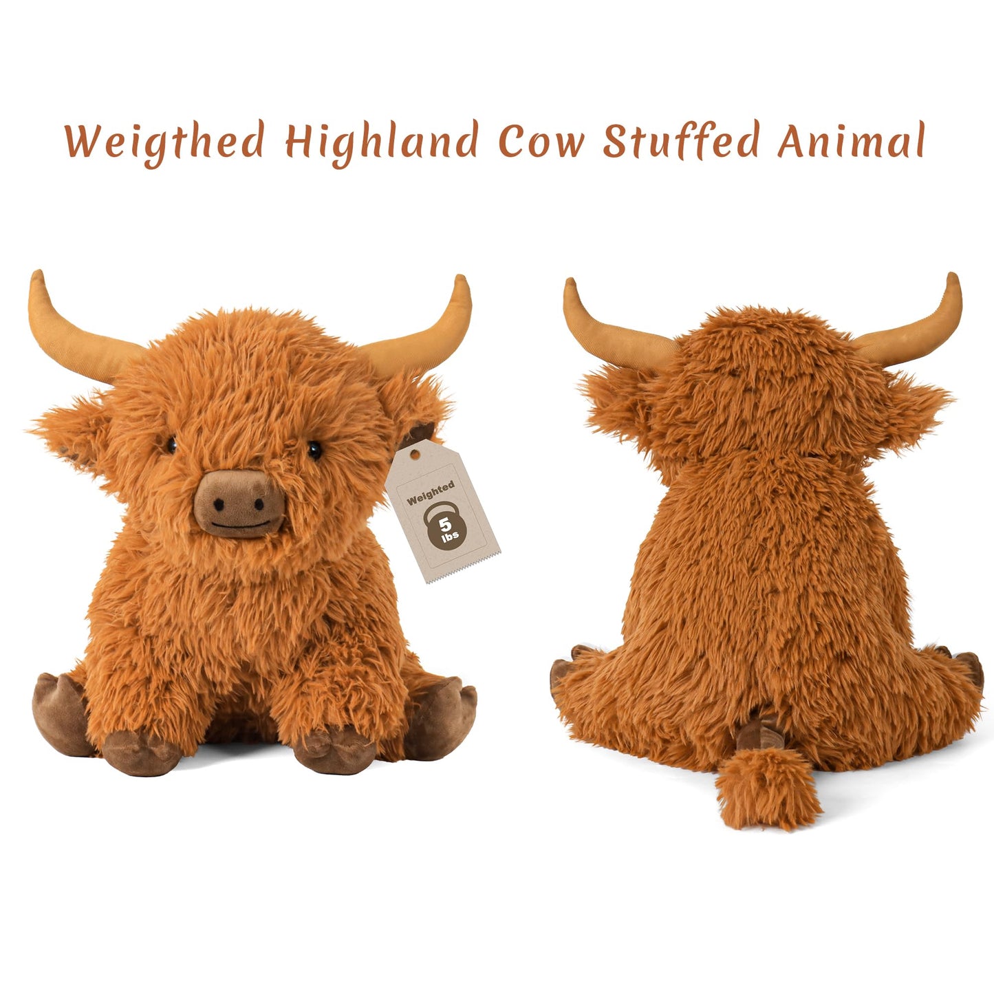 5lbs Highland Cow Weighted Stuffed Animals, 16in Tall Big Highland Cow Plush Toy, Soft Adorable Stuffed Animal for Kids and Adults Highland Cattle Gift Plushie Decor