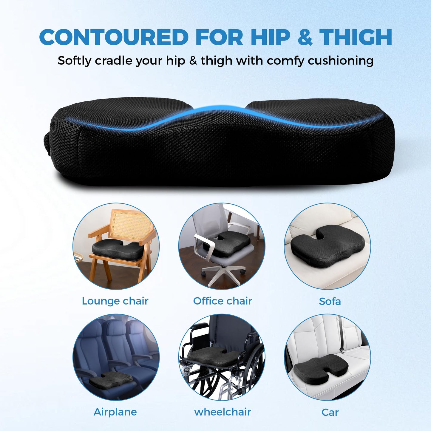 Extra Large Memory Foam Seat Cushions for Office Chairs, Car, Airplane, Wheelchair– Relieves Lumbar, Orthopedic, Sciatic, Coccyx and Back Pain – Comfortable Non-Slip – Bonus Carry Bag Included (Black)
