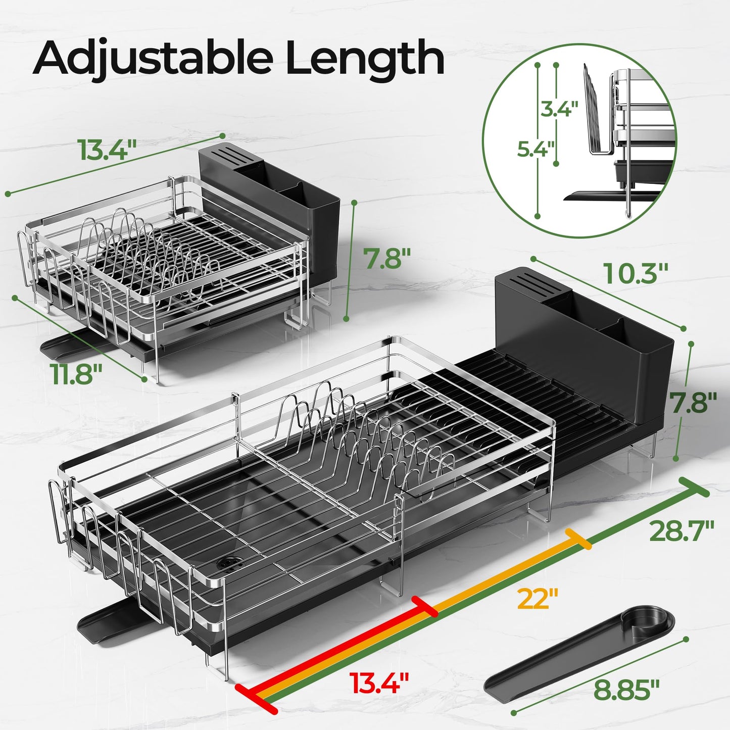 Large Dish Drying Rack, Expandable Dish Rack, Stainless Steel Anti-Rust Dish Racks for Kitchen Counter, Multifunctional Dish Drainer with Utensil Holder & Cup Holder, 13.4"-28.7" L x 11.8" W (1 Tier)