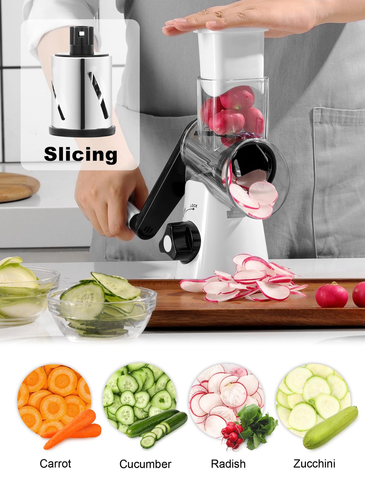 Cheese Grater Rotary, Rotary Cheese Shredder for Kitchen, Kitchen Grater Vegetable Slicer with 3 Drum Blades, Fast Cutting Cheese Shredder for Vegetables and Nuts