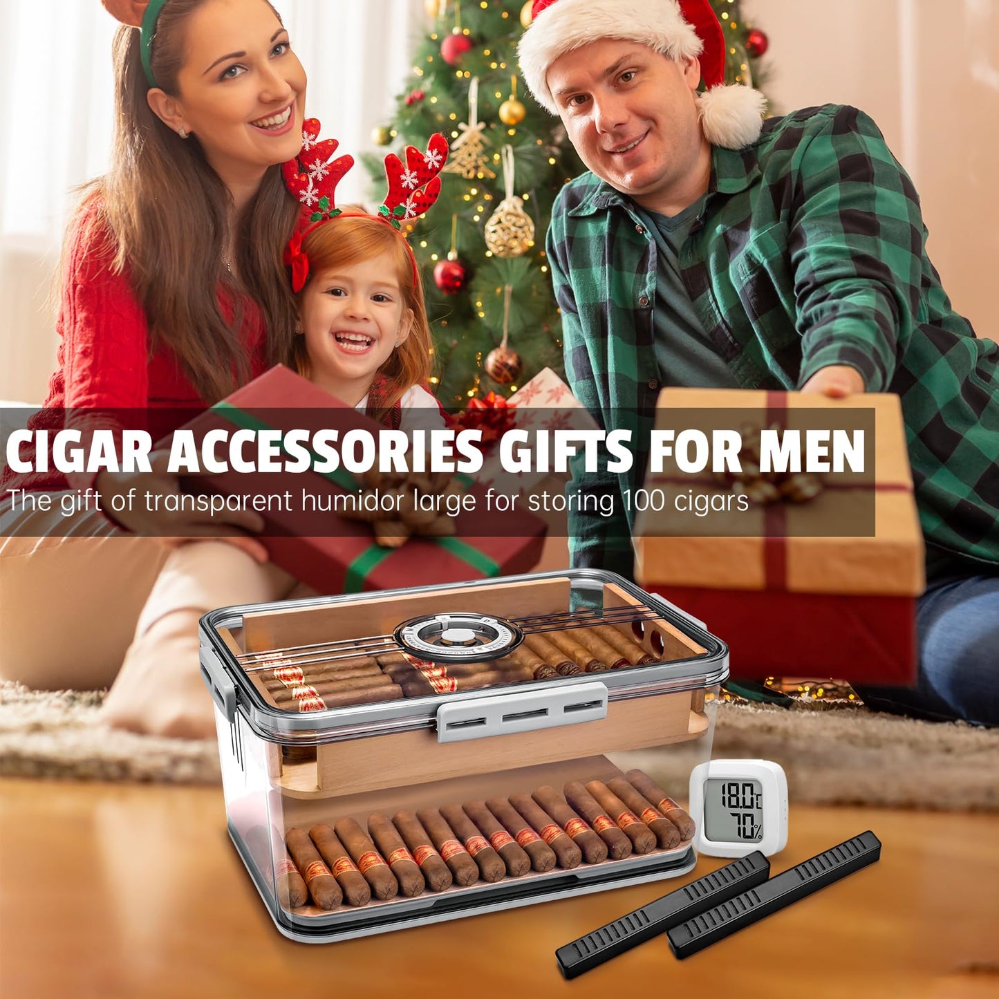 CIGARLOONG Cigar Humidor Large with Cedar Shelves,2 Humidifiers and Hygrometer Storage for 100 Cigars Partition Clear Airtight Cigar Humidor