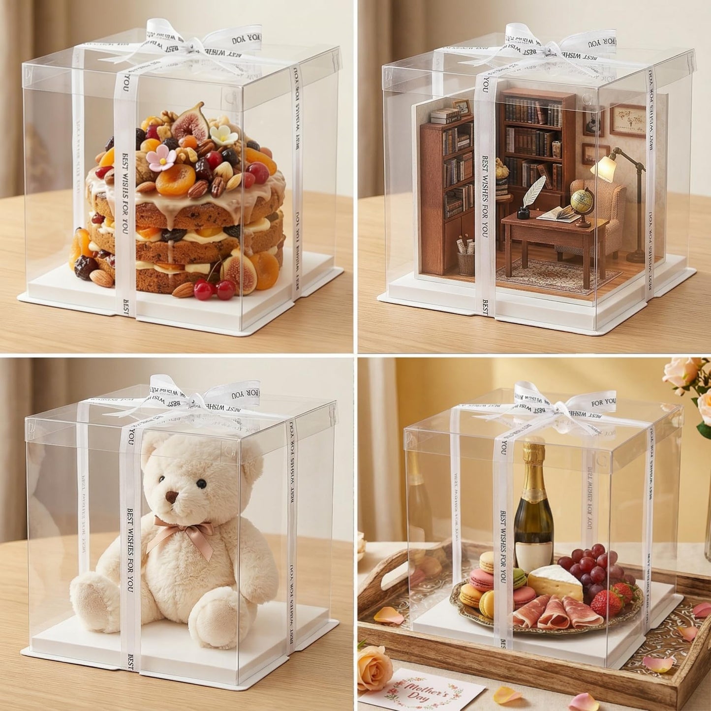 Cididu 6 Pcs Clear Cake Box with Ribbon, 2-Layer Tall Cake Packaging Boxes 8x8x9 Inch, PET Cake Carrier Transport Container for Tiered Cakes, Transparent Gift Display Boxes with Lid for Birthday Party