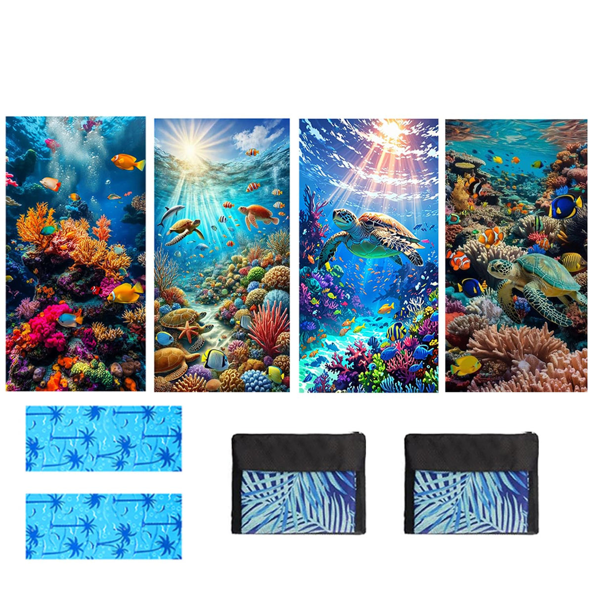 4 Pcs Microfibre Beach Towel 71"X32" Quick Dry Blue Lightweight Sand Free Extra Large Thin Towels Travel Essentials for Adults Womens Swim Bath Accessories Mats Holiday Must Haves Sea Turtle