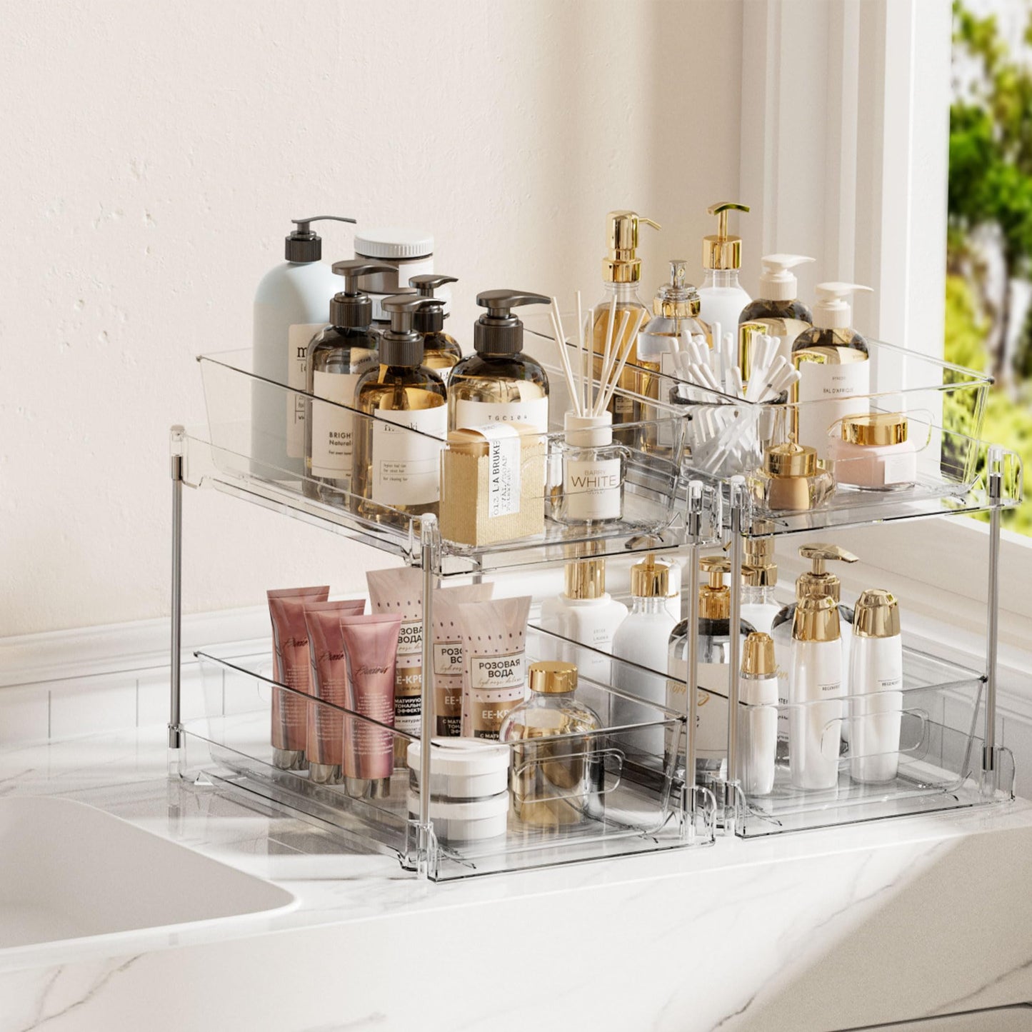 2 Tier Bathroom Storage Organizer, Vtopmart 2 Pack Clear Under Sink Organizers Vanity Counter Storage Container, Medicine Cabinet Drawers Bins, Pull-Out Organization with Track for Pantry, Kitchen