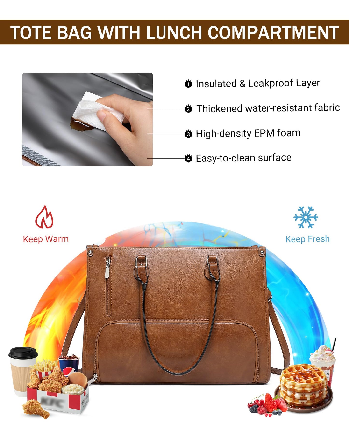 Laptop Tote Bag with Insulated Lunch Compartment for Women Work, PU Leather Lunch Bag with 15.6 Inch Computer Compartment Brown