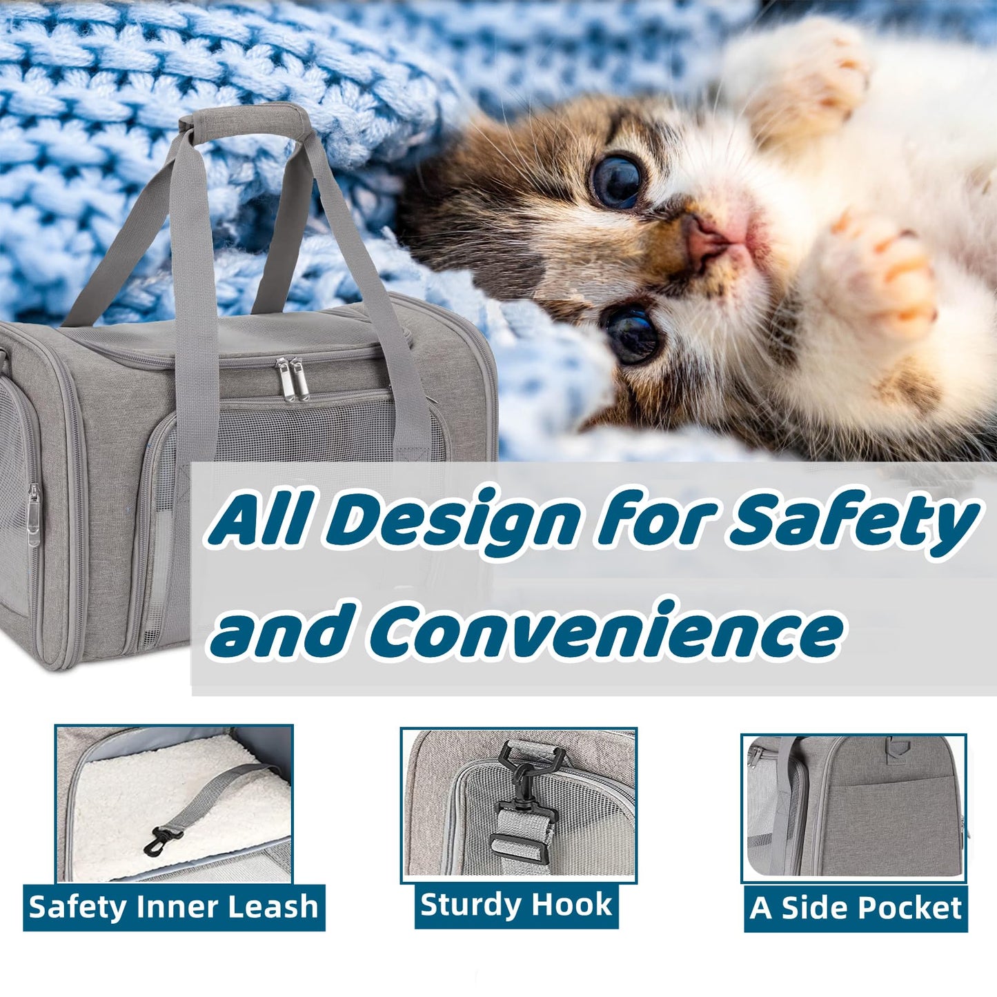 ORYEDA Cat Carrier Bag, Dog Travel Carriers, Soft-Sided Pet Carrier for Small Medium Large Cats and Small Dogs, Portable Carrier with 4 Open Doors and 3 Mesh Windows, Grey, Large