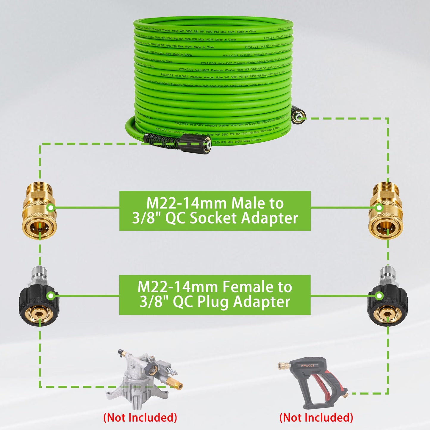PWACCS Pressure Washer Hose for Power Washer – 3600 PSI Kink Resistant Pressure Washing Extension Hose 50 FT x 1/4" – Universal Electric Power Wash Hose for Replacement – Compatible with M22 Fittings
