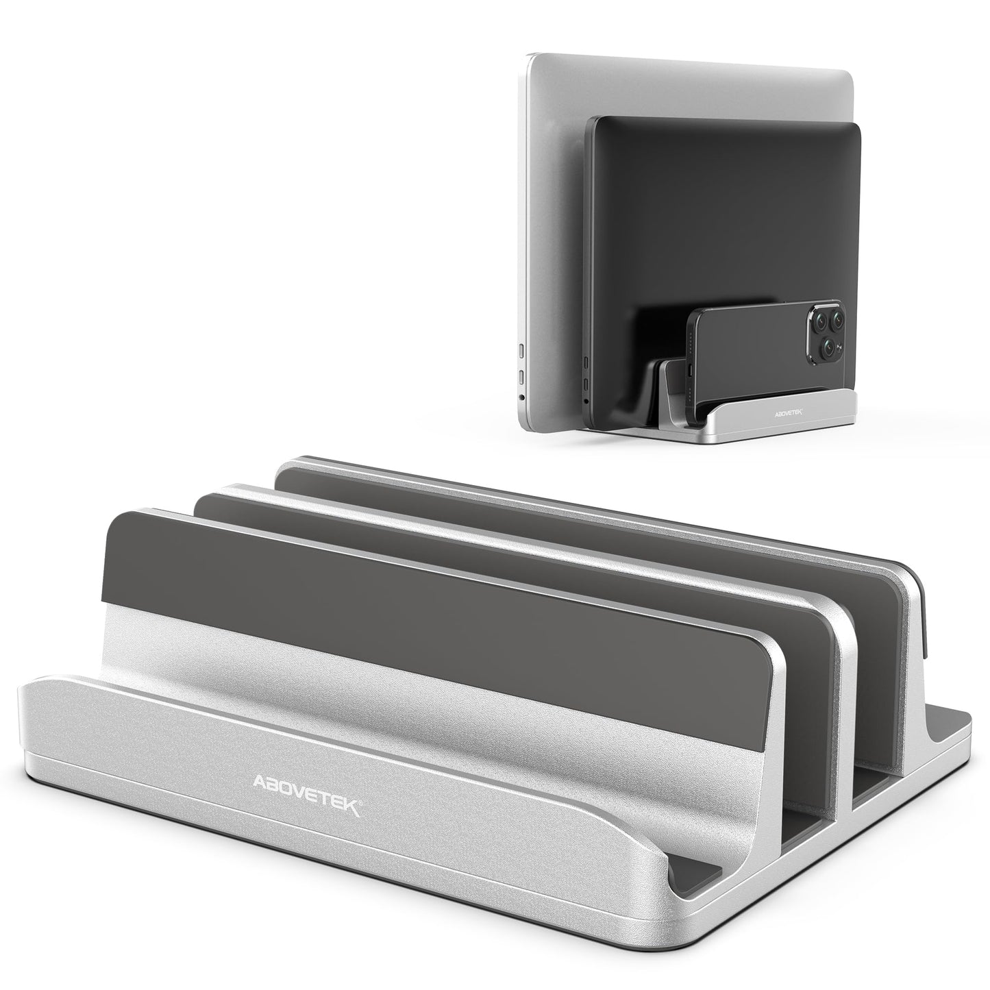 Vertical Laptop Stand - AboveTEK - 3 Slots for Computer, Tablet, Phone - Fits All Laptop Models (up to 17.3") - Heavy Duty Polished Aluminum Desktop Holder - Anti Slide Silicone Grips - Silver