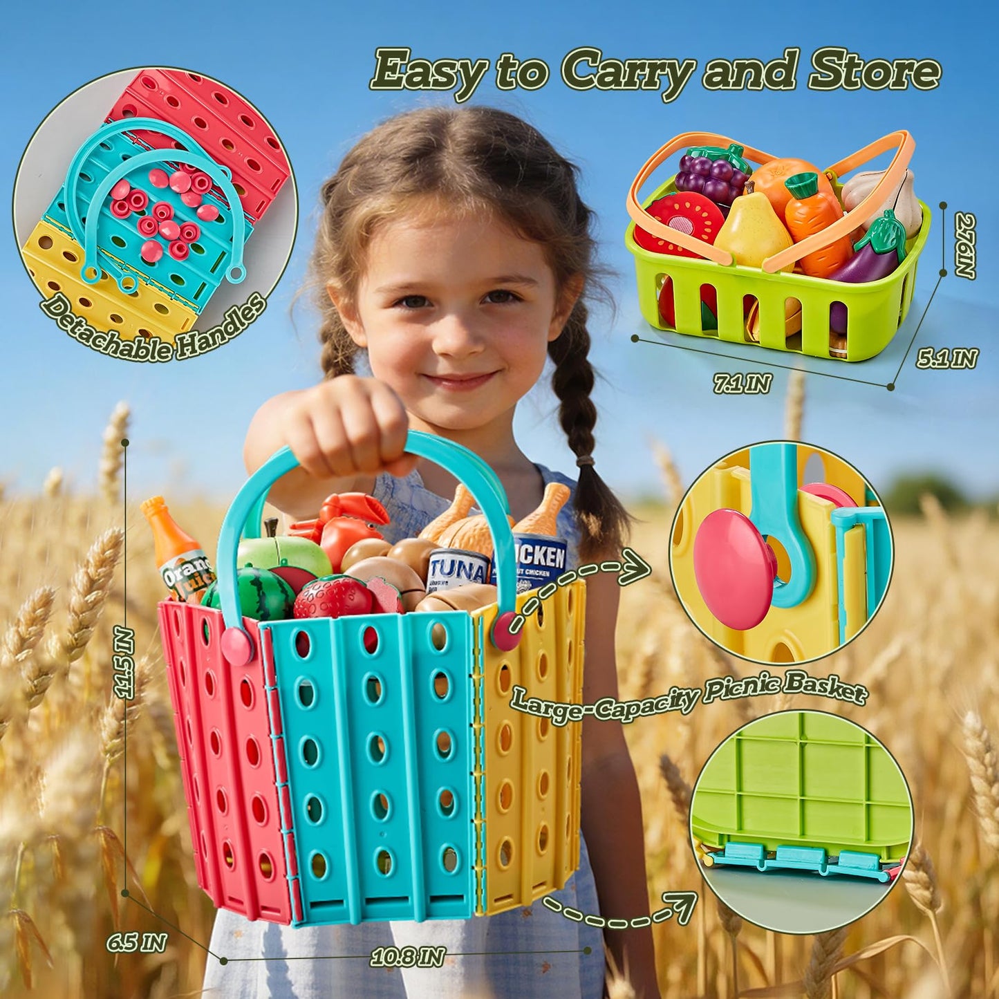 LAUGIGLE 86Pc Wheat Straw Play Food for Kids Kitchen-Toy Food with 2 Baskets & Picnic Blanket, Realistic Cutting Pizza, Grocery Cans, Pretend Play Kitchen Accessories & Toddler Toys for Boys Girls 3+