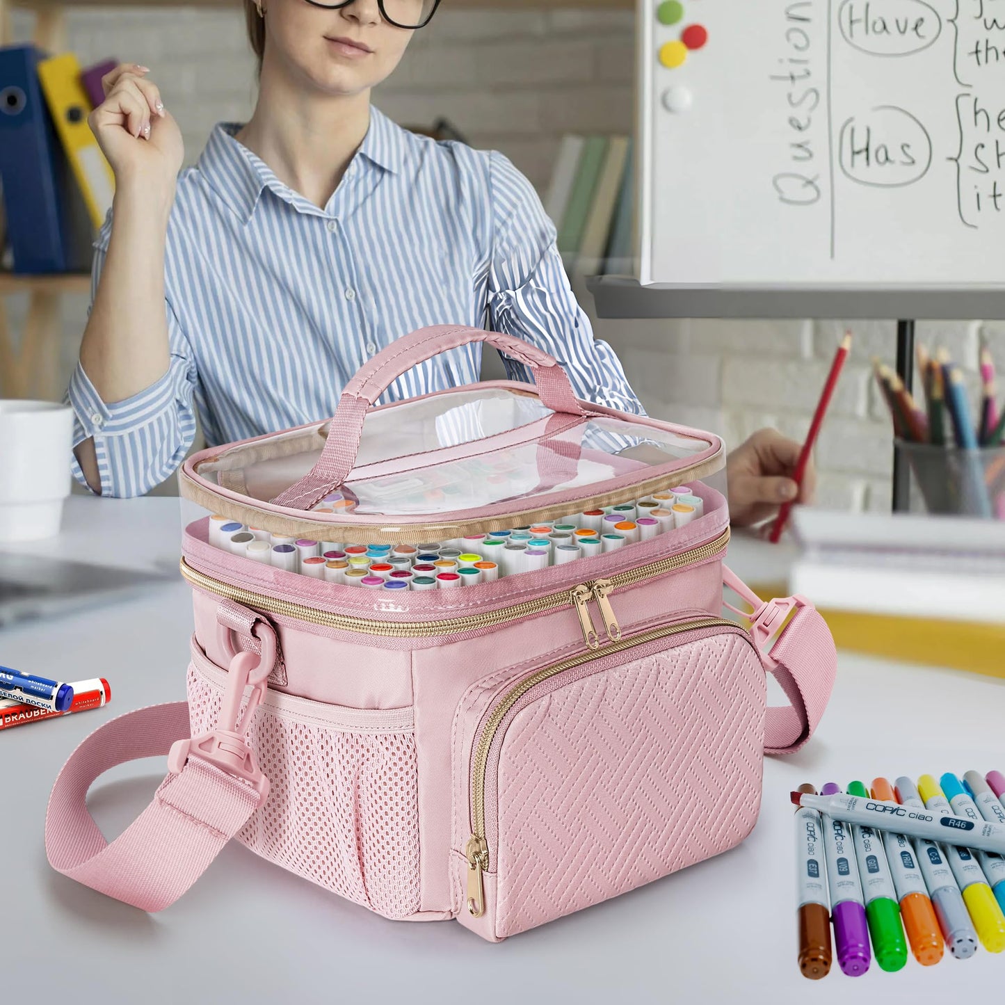 Rexmica Markers Organizer Case for 100 Markers, Markers Storage Organizer Bag with Divider and Shoulder Strap, Marker Pen Travel Carrying Case with 3 Pockets, Pink (Patented Design)