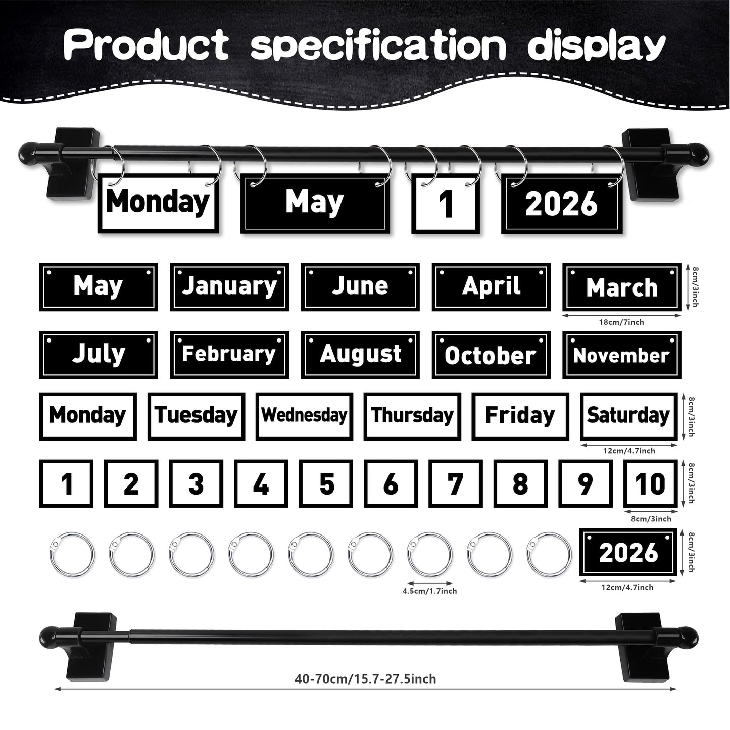2026 Upgraded Magnetic Rod Black and White Flip Calendar for Classroom, Classroom Calendar Date Cards Black and White Classroom Decor Bulletin Board Set