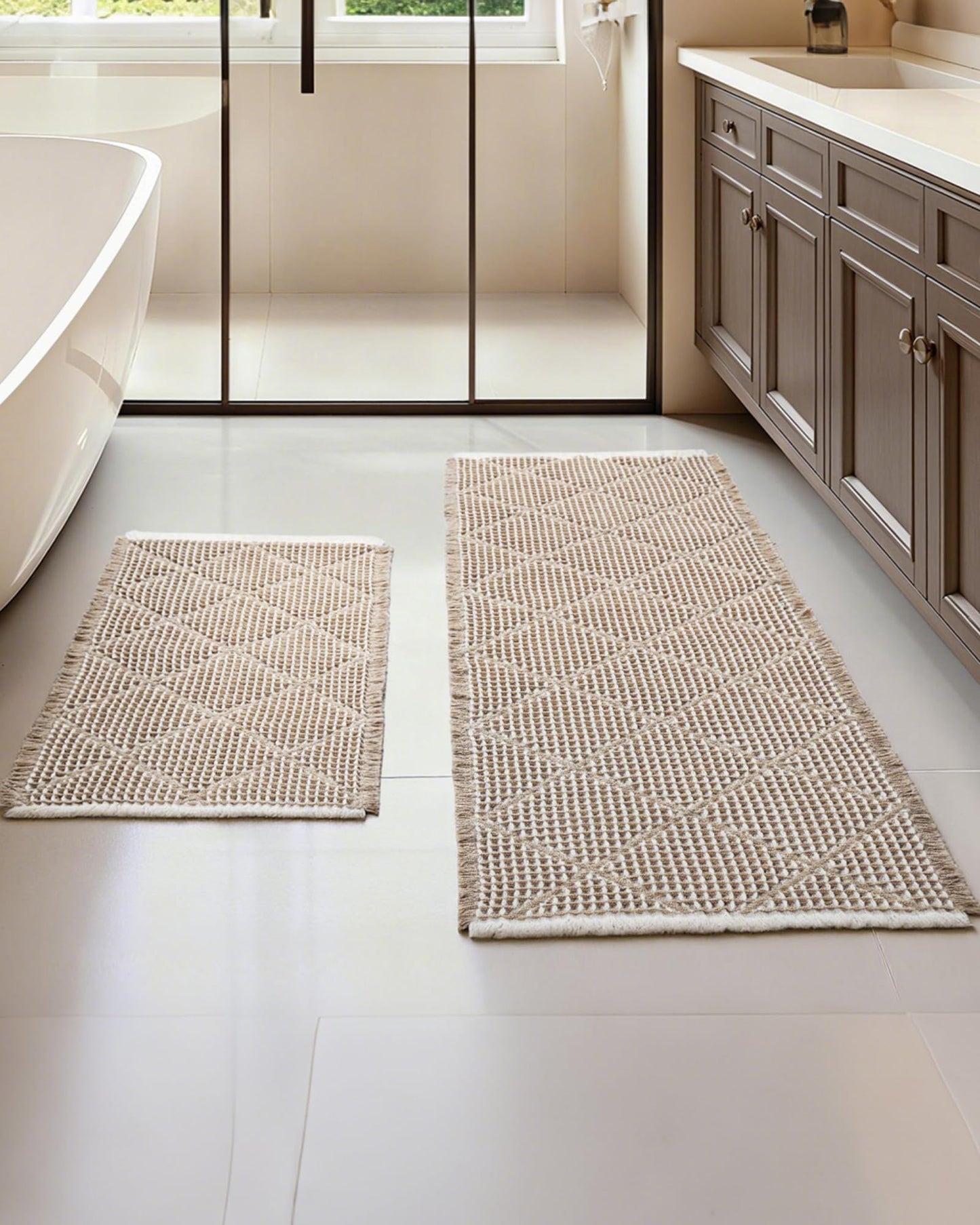 Furicher Waffle Bath Mat Non Slip, Boho Bathroom Mat Set 2 Piece, Ultra Absorbent Bathroom Rug, Brown Bath Mats for Bathroom Decor, Long Washable Bath Mat, Bathroom Runner 20"×47" + 18"×30"
