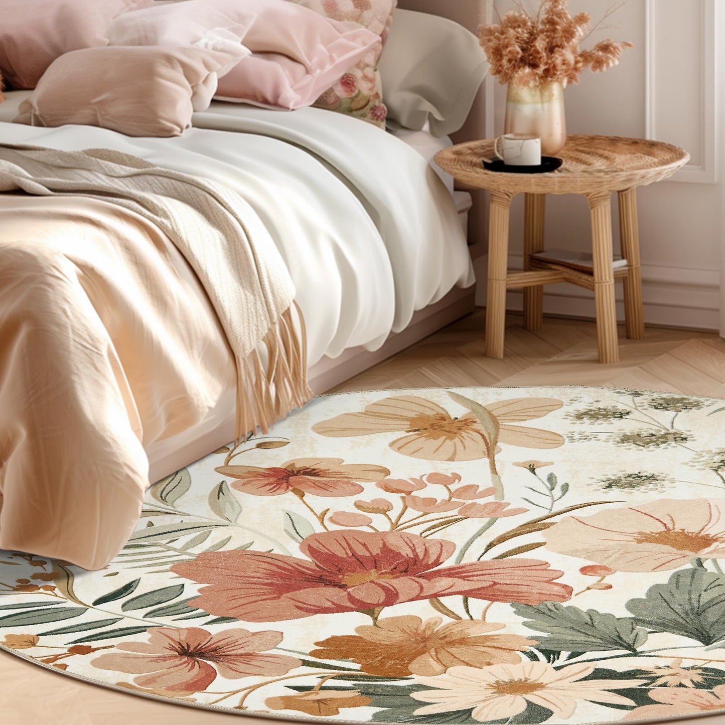 jinchan Floral Round Rug 4ft Area Rug Indoor Circle 4' Round Washable Modern Oriental Flower Print Non Slip Carpet for Living Room Dining Room Bedroom Entryway Office Decor Pink/Grey