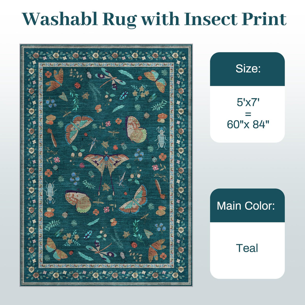 5x7 Washable Area Rug with Insect Print - Bug Rug Non-Shedding Stain Resistant Soft Carpet for Bedroom, Low Pile Ultra-Thin Machine Washable Carpet for Dining Room, Kids Nursery, Office (5'x7' Teal)