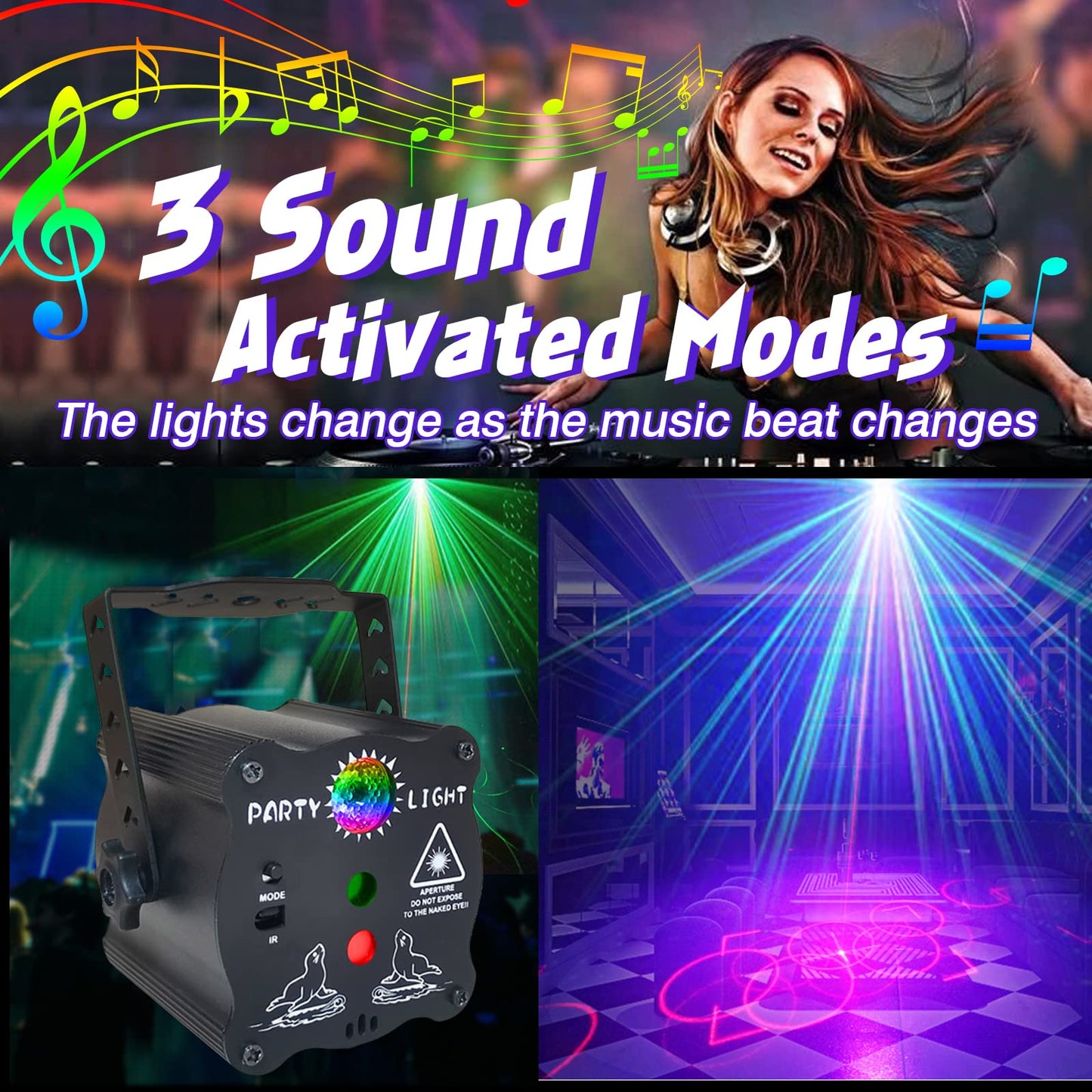 Couvkadl DJ Disco Light, Stage Party Lights, Laser Light Sound Activated RGB Led Flash Strobe Projector with Remote Control for Christmas Birthday Parties - USB Powered