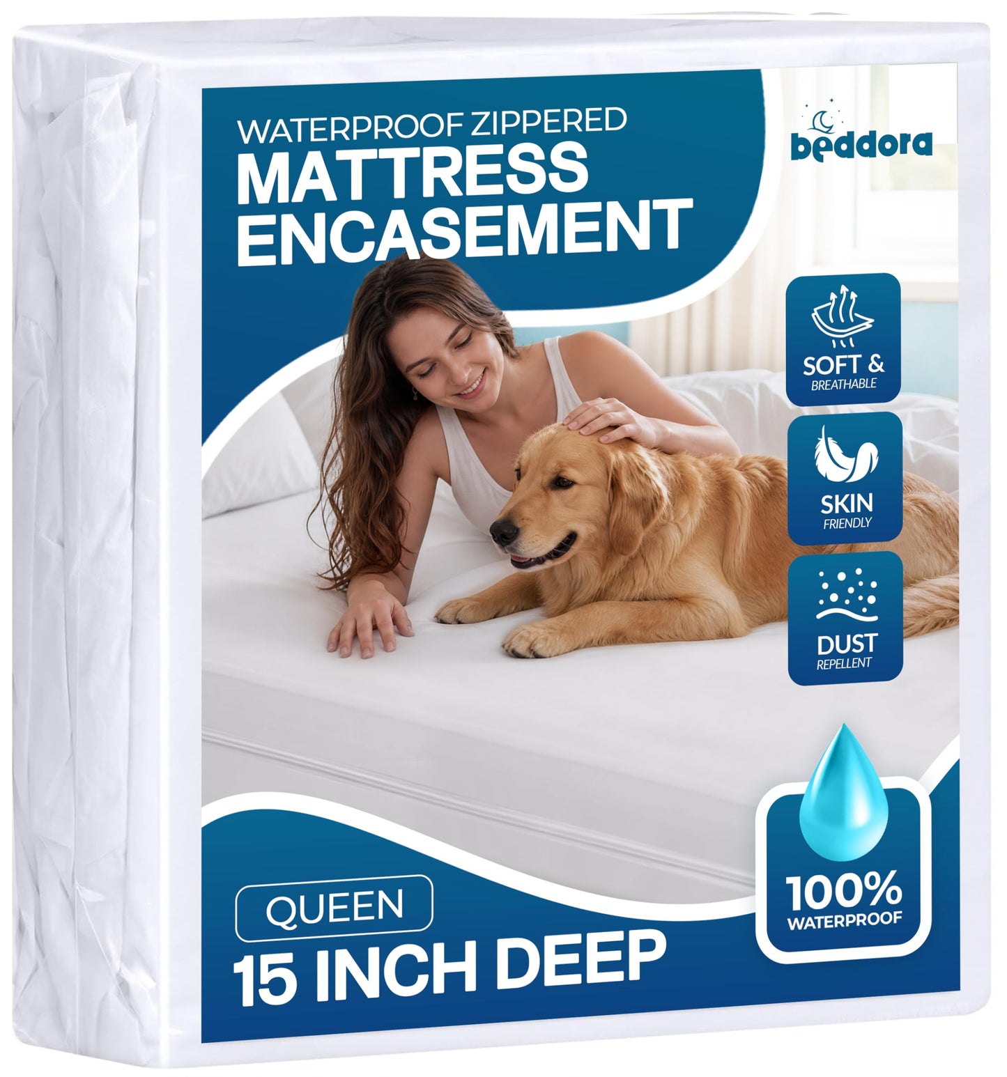 Beddora Zippered Mattress Encasement Queen - 100% Waterproof and Bed Bug Proof Mattress Protector - Absorbent, Six-Sided Mattress Cover